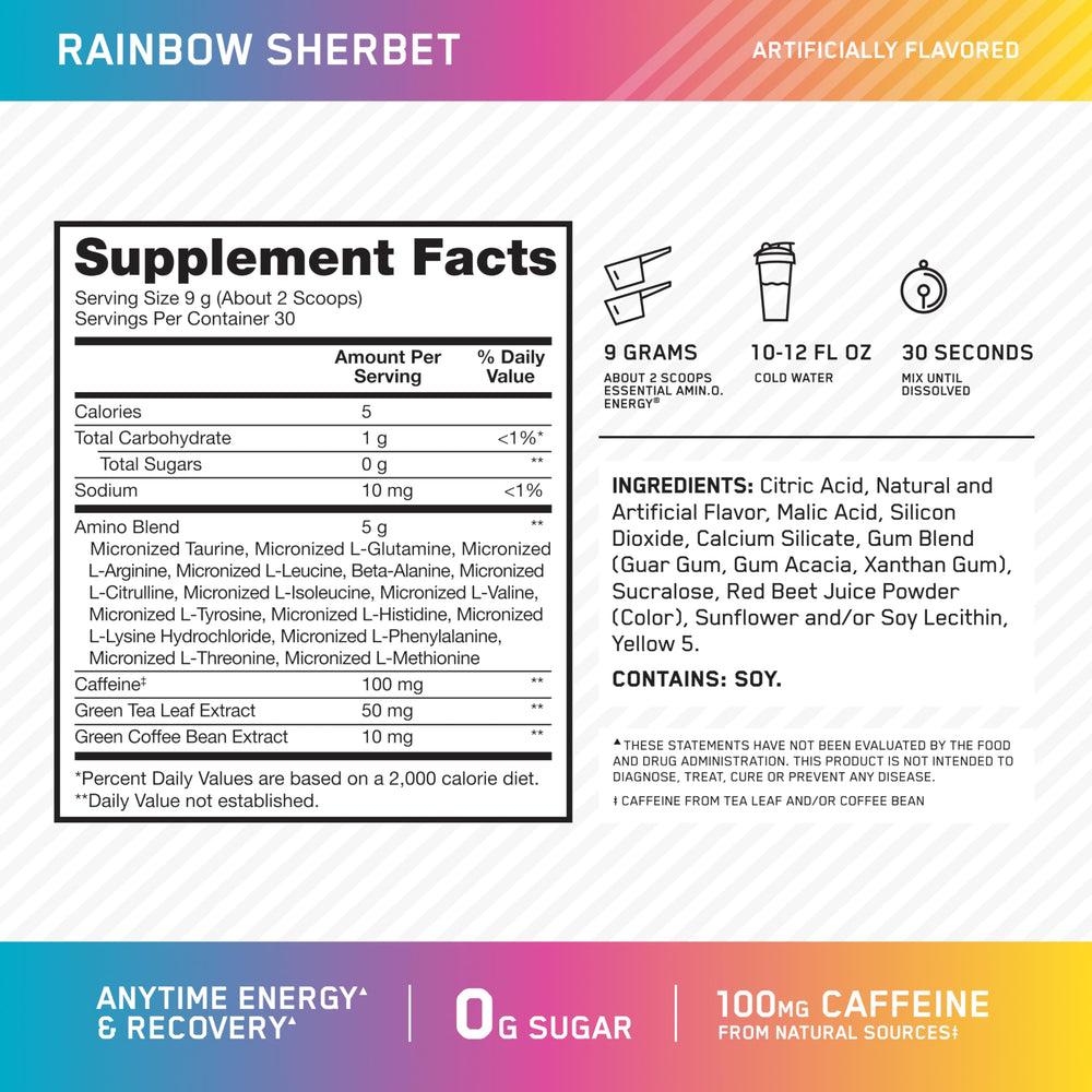 Optimum Nutrition Amino Energy Rainbow Sherbet scoop with powder ready for mixing.