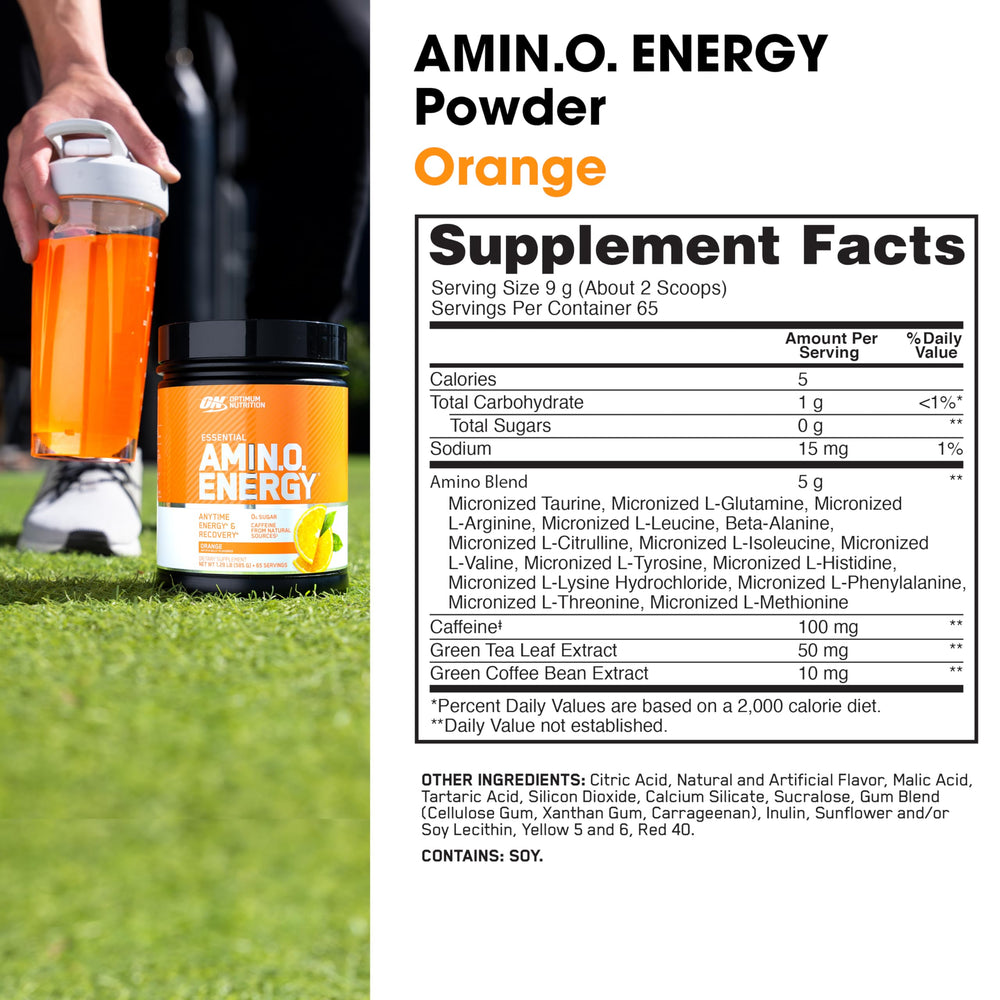 Optimum Nutrition Amino Energy scoop and powder ready to mix for quick energy