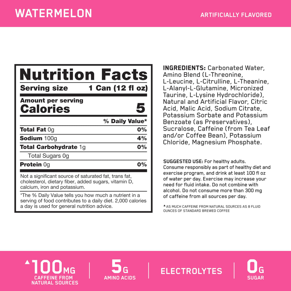 Optimum Nutrition Amino Energy sparkling can close-up showing natural caffeine source