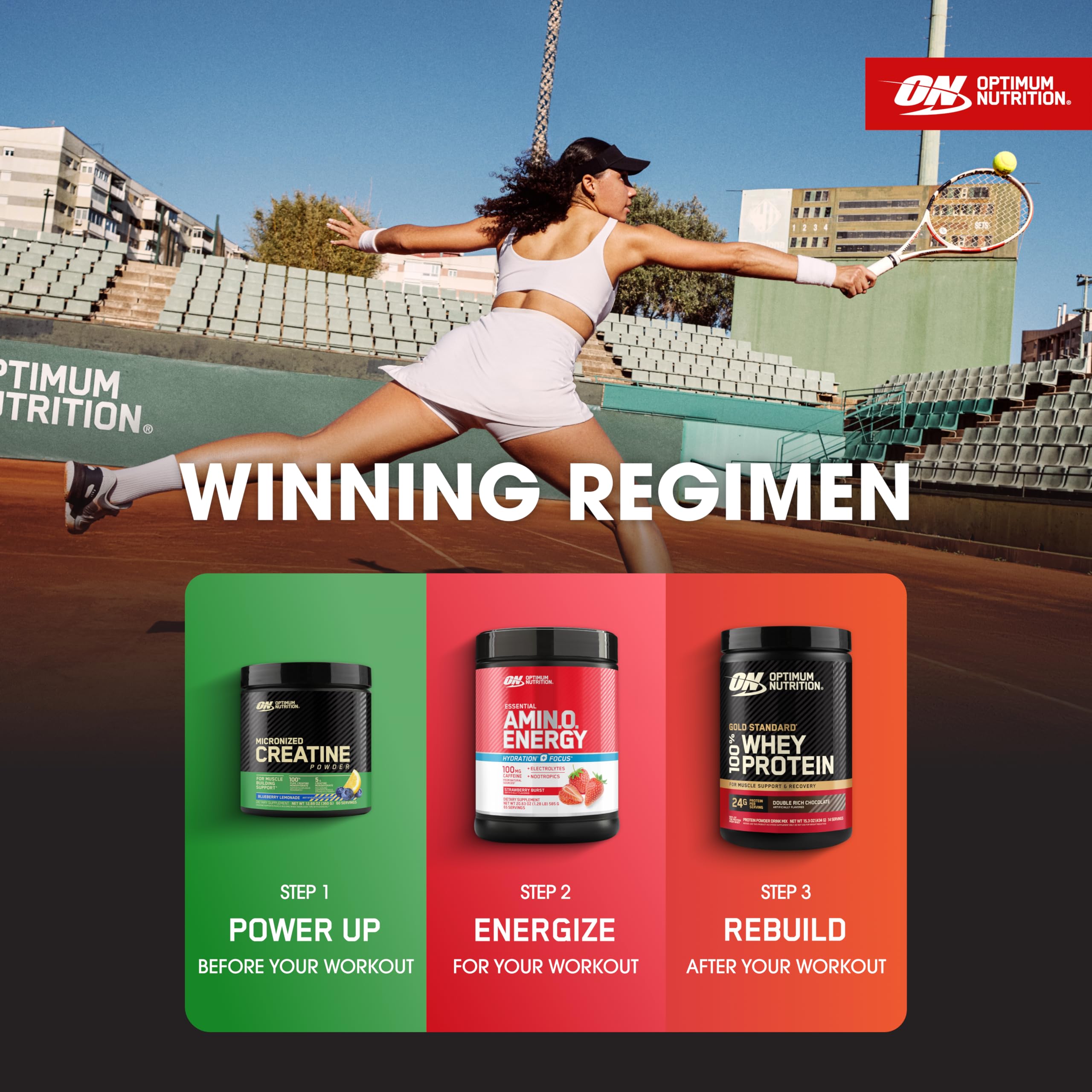 Optimum Nutrition Amino Energy strawberry burst tub signals flavor and energy boost.