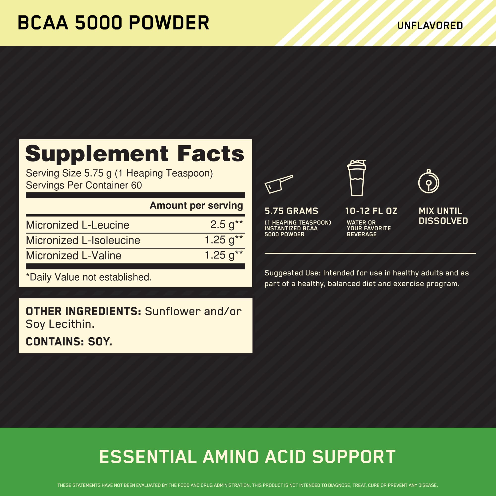 Optimum Nutrition BCAA 5000 unflavored powder in shaker for easy recovery