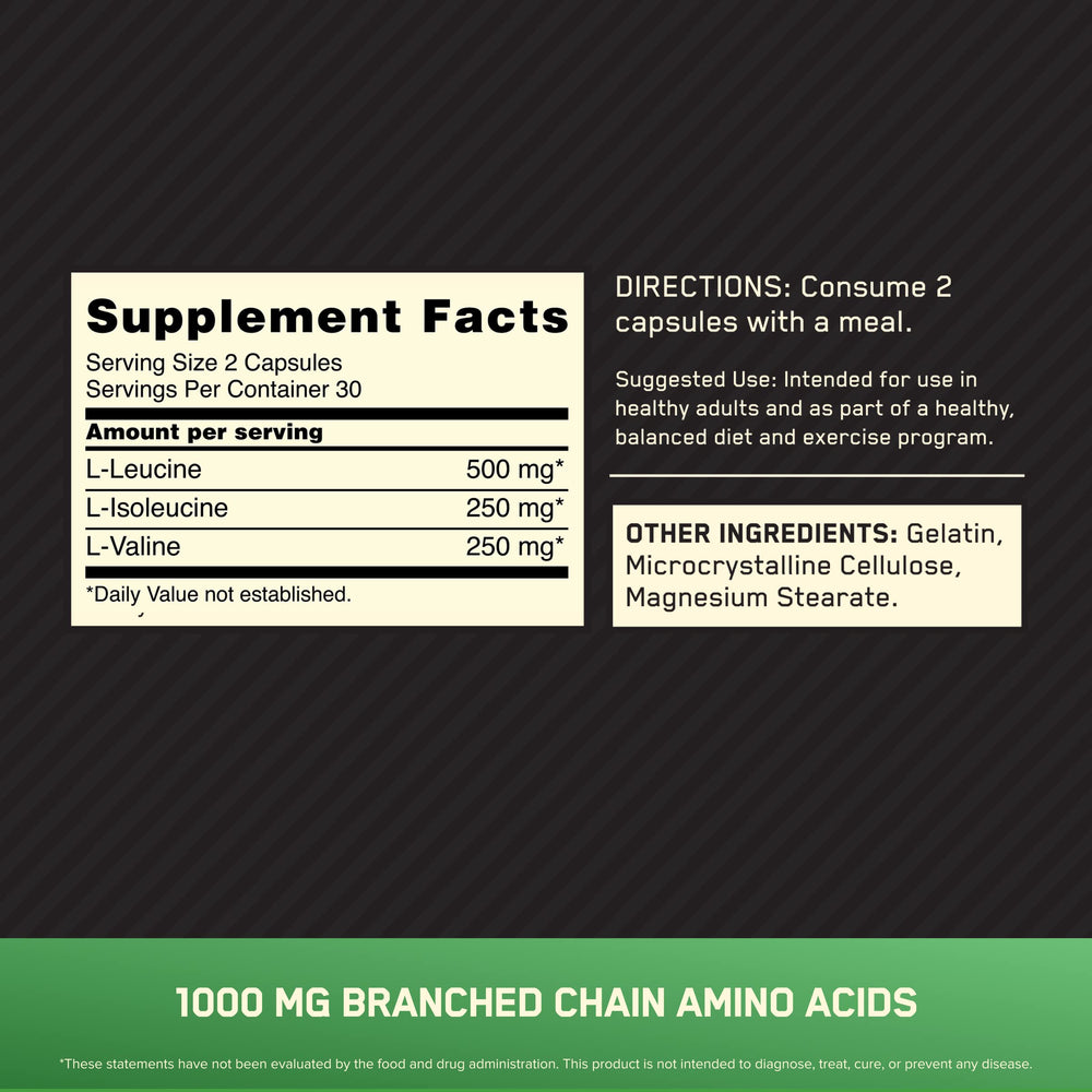 Optimum Nutrition BCAA capsules close-up showing capsule texture and dosage for workout support