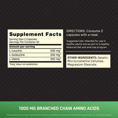Optimum Nutrition BCAA capsules close-up showing capsule texture and dosage for workout support