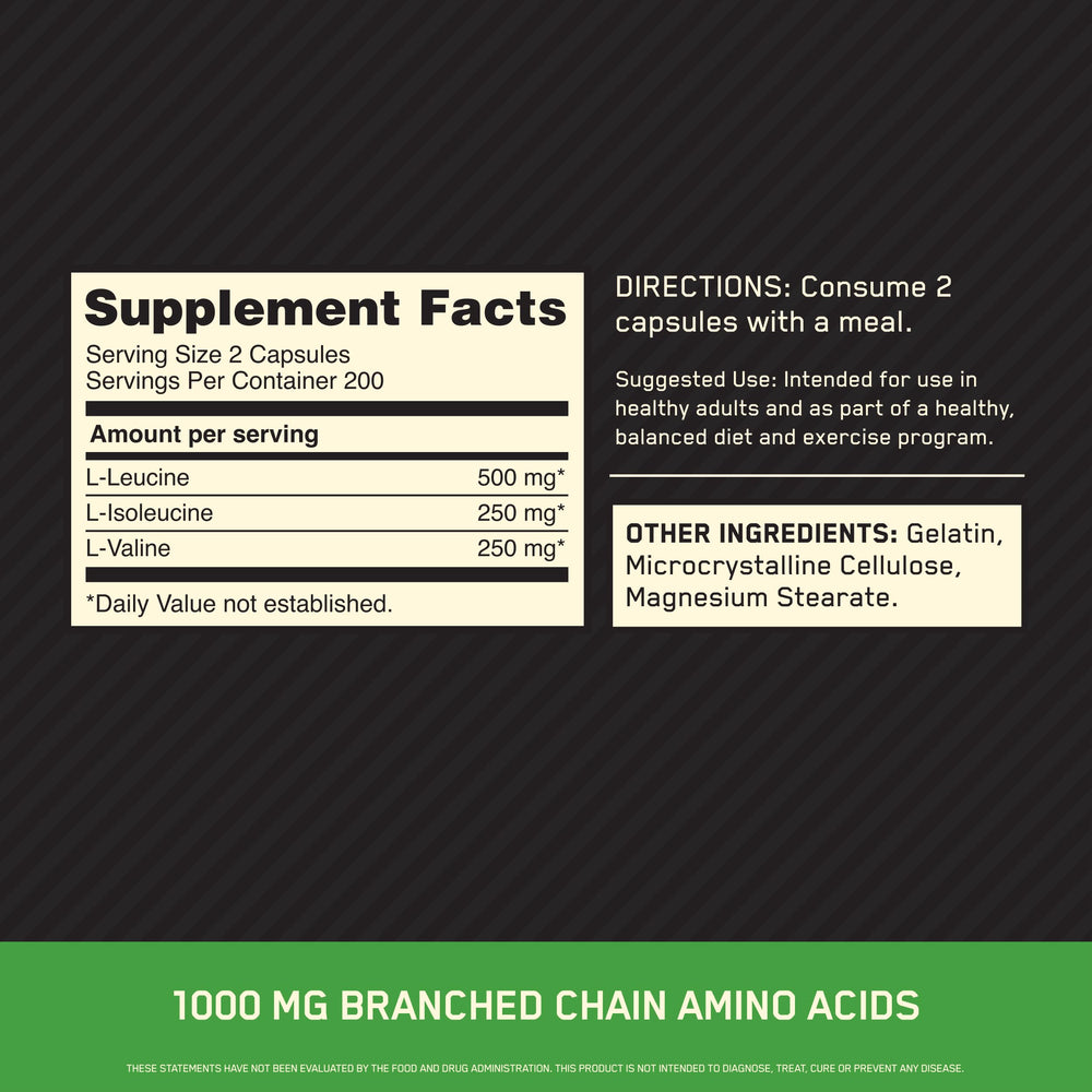 Optimum Nutrition BCAA capsules close-up showing 2:1:1 Leucine/Isoleucine/Valine ratio