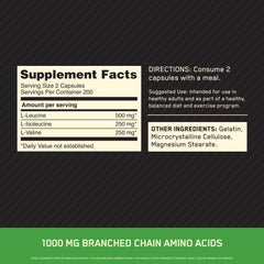 Optimum Nutrition BCAA capsules close-up showing 2:1:1 Leucine/Isoleucine/Valine ratio