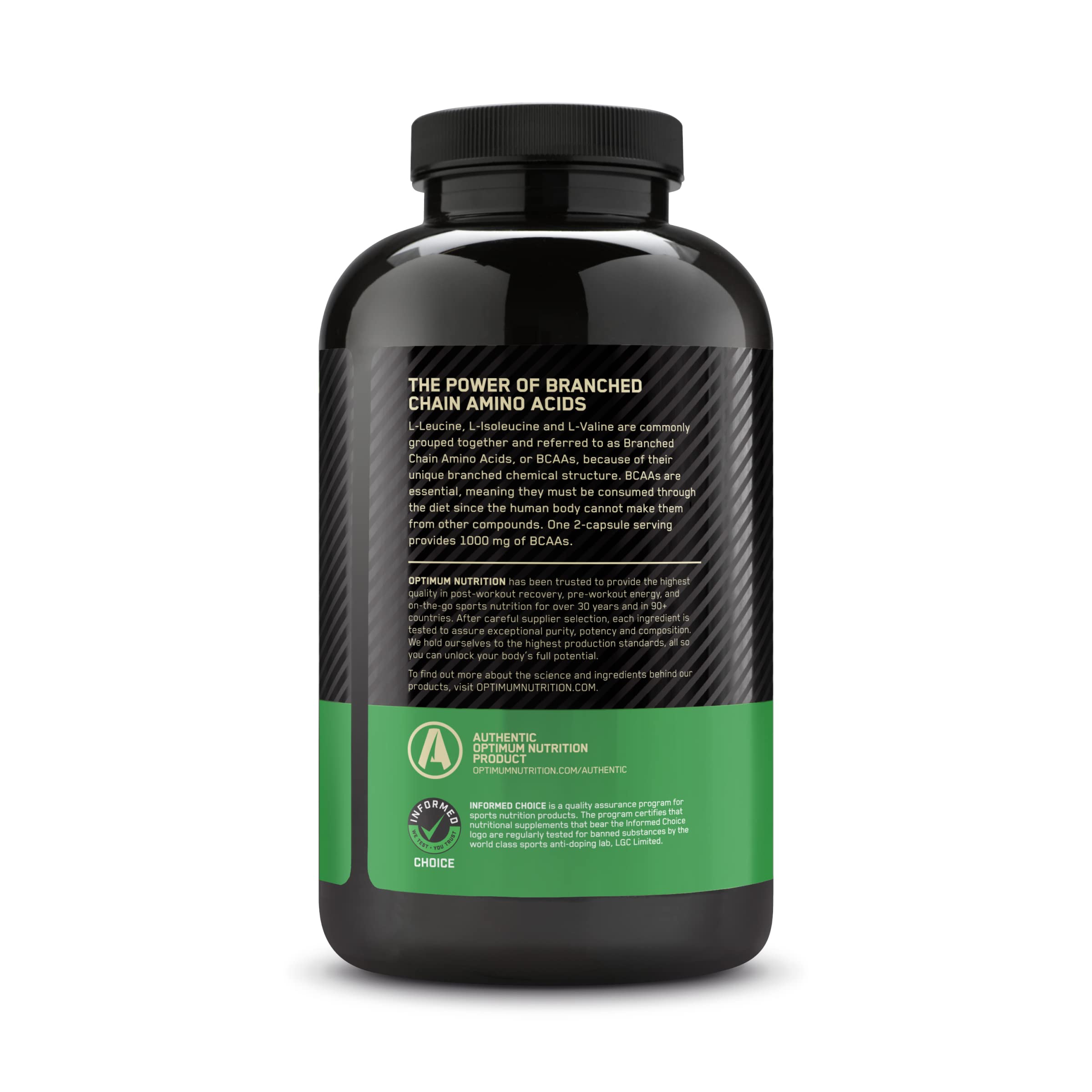 Optimum Nutrition BCAA bottle close-up highlighting 400-count supply