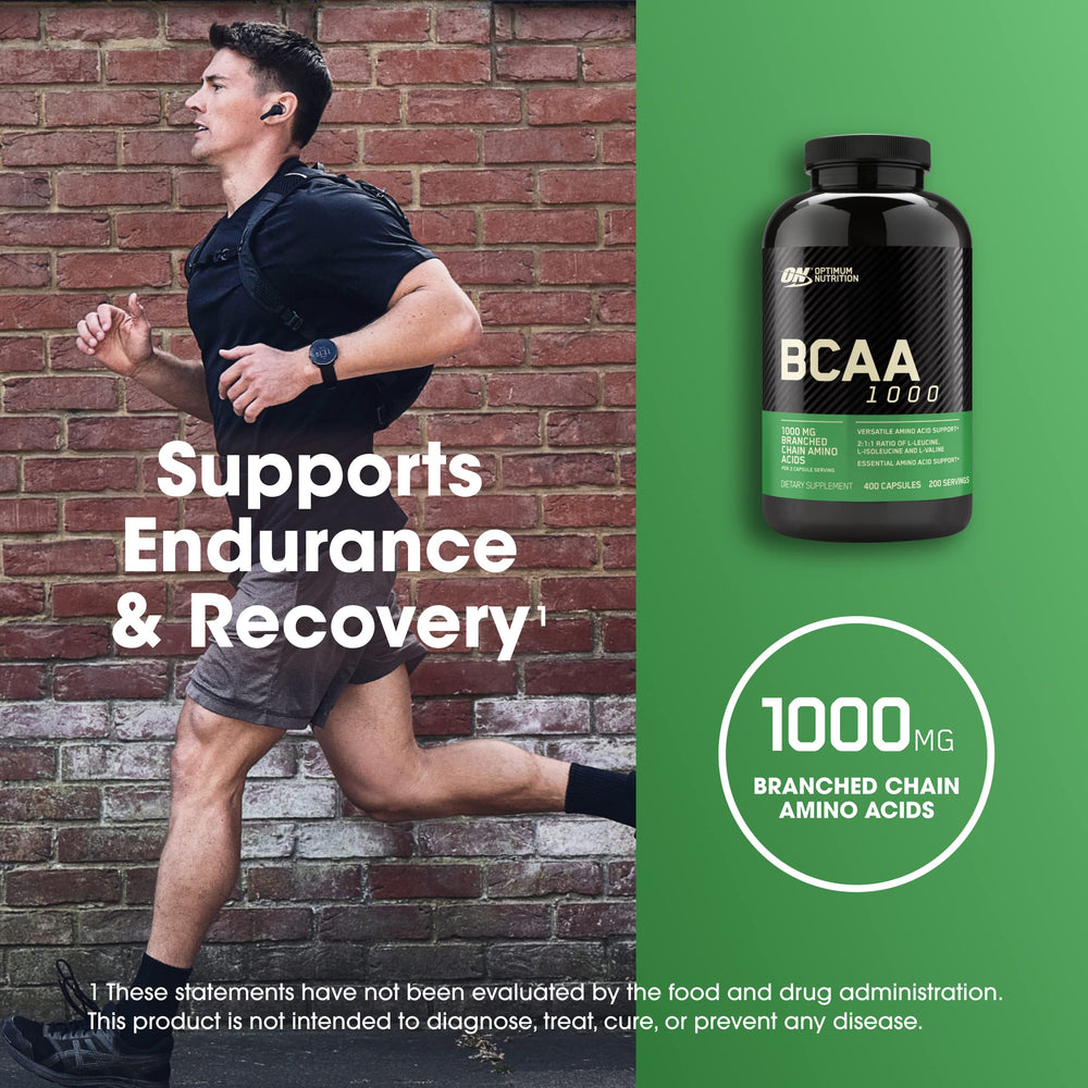 Optimum Nutrition BCAA capsules paired with a shake for convenient intake