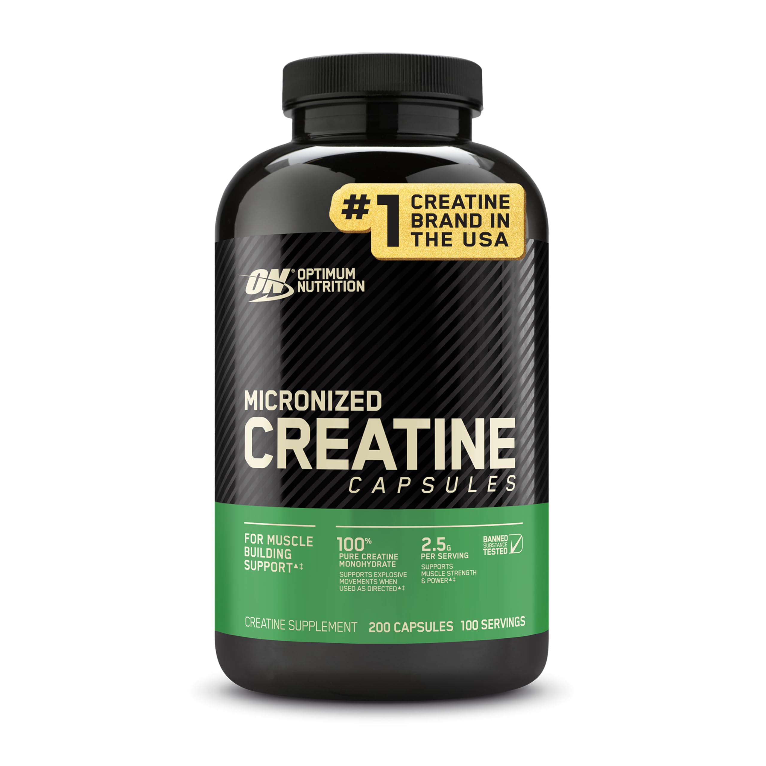Optimum Nutrition Creatine 2500 capsules bottle closeup for quick serving convenience.