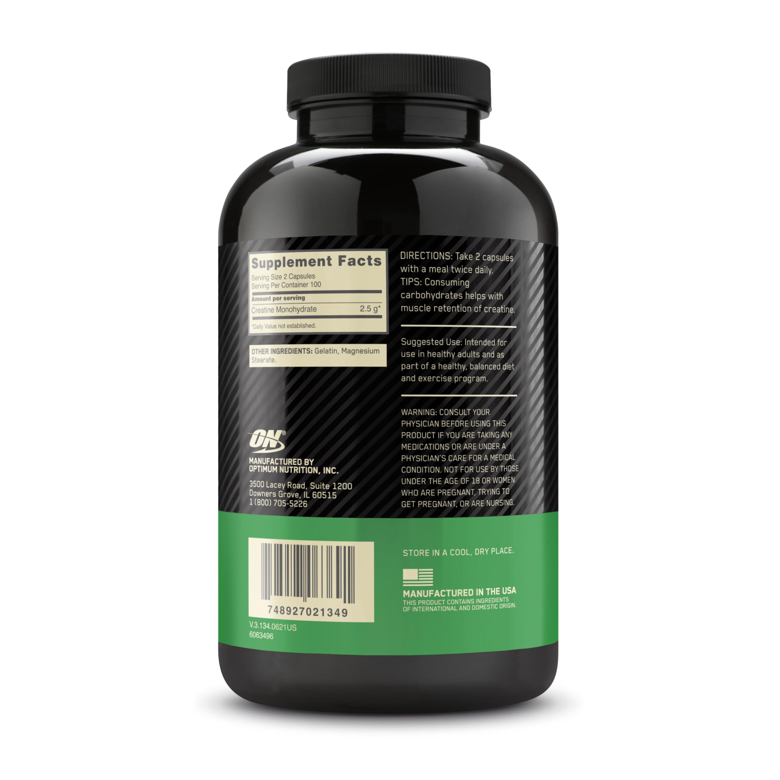 Optimum Nutrition Creatine 2500 capsules pure Creapure monohydrate.