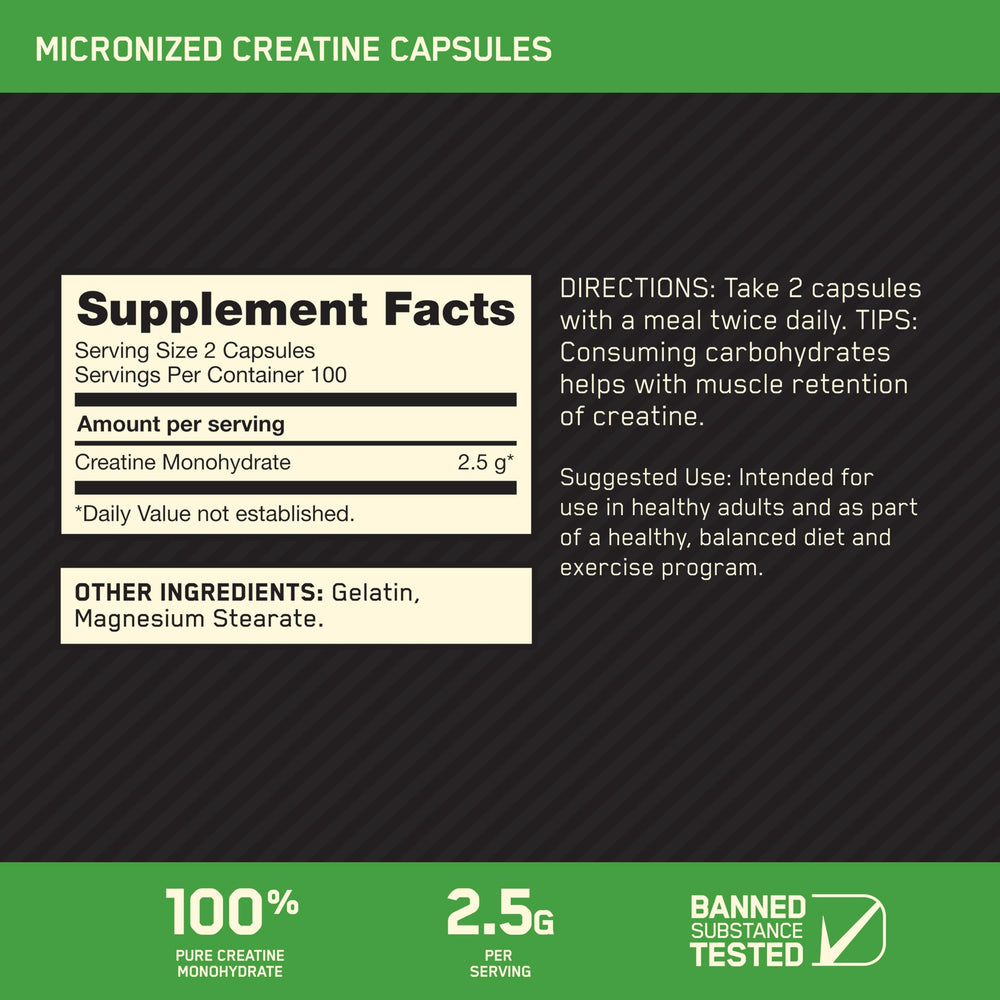 Optimum Nutrition Creatine 2500 capsules serving shows a two-capsule dose.