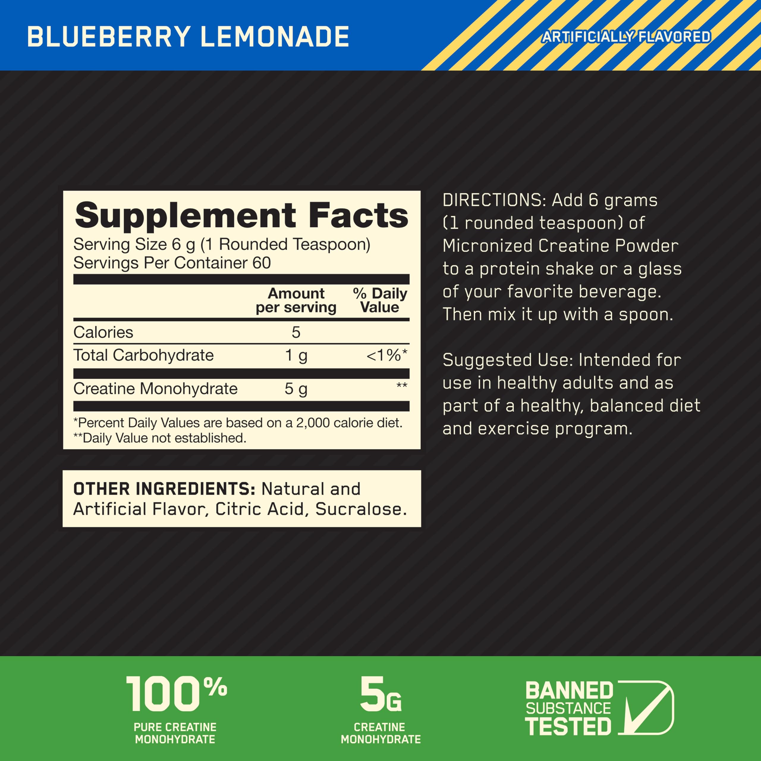 Optimum Nutrition creatine micronized blueberry lemonade dissolves smoothly in water for a clean drink.