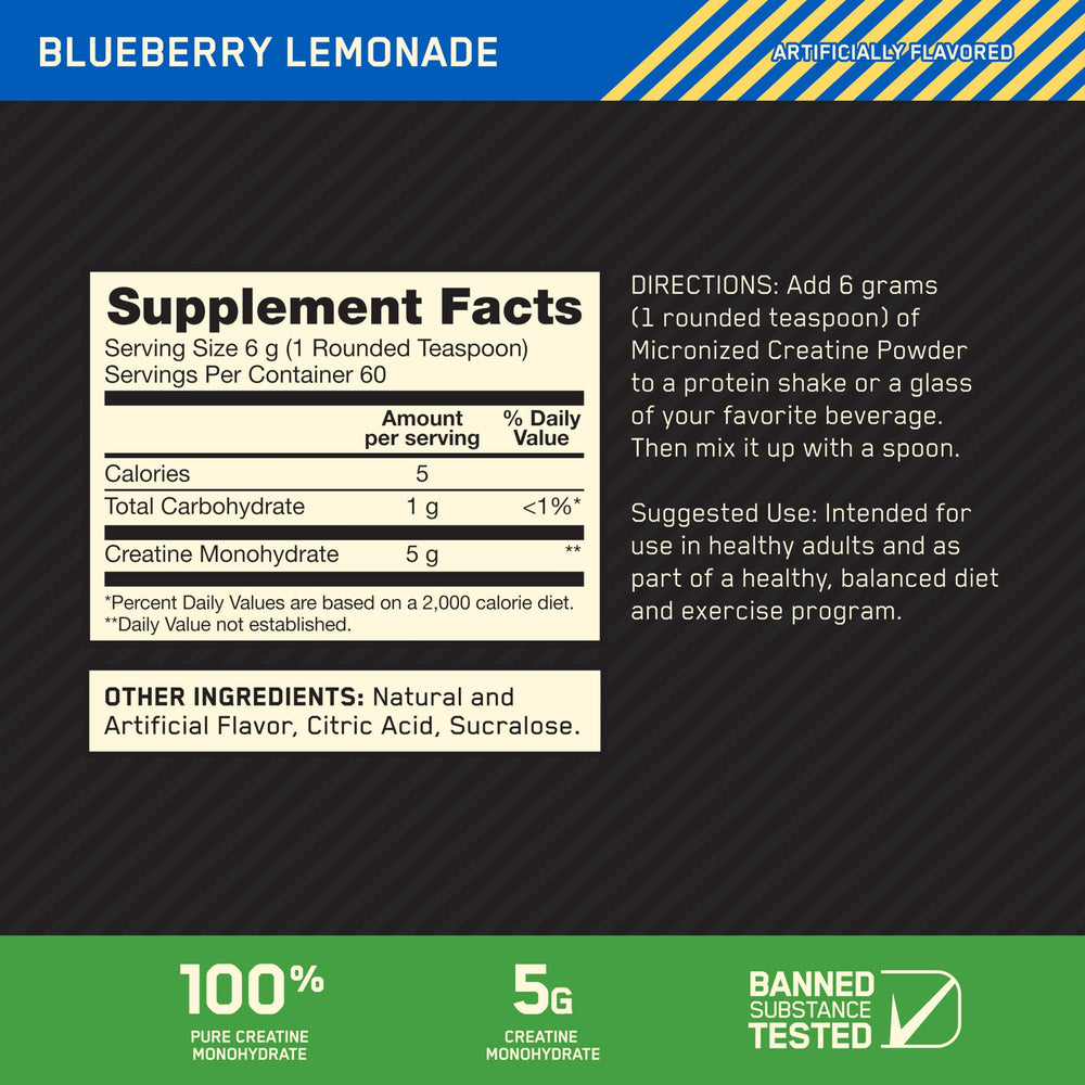 Optimum Nutrition creatine micronized blueberry lemonade dissolves smoothly in water for a clean drink.