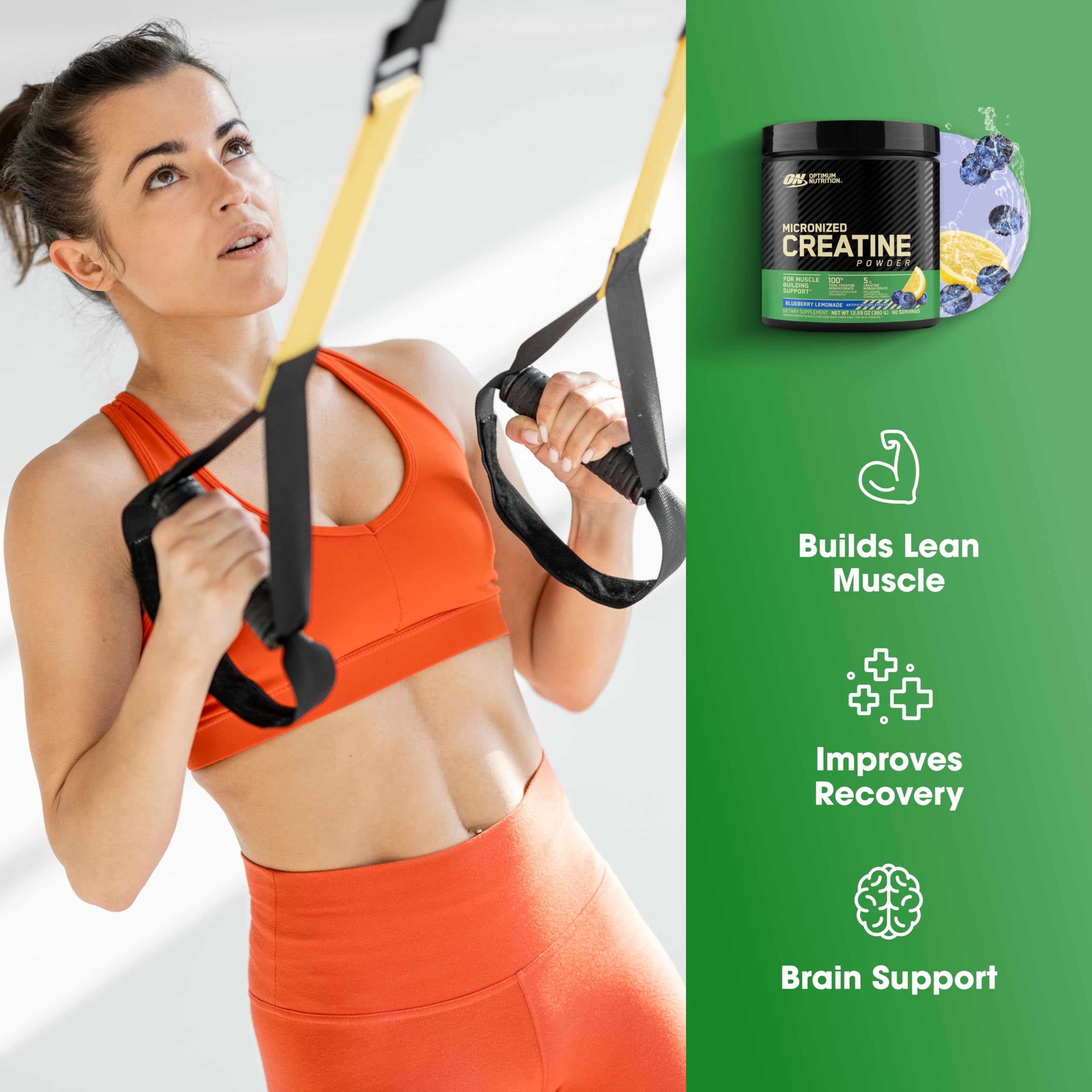 Optimum Nutrition creatine micronized blueberry lemonade measuring spoon shows simple serving size.