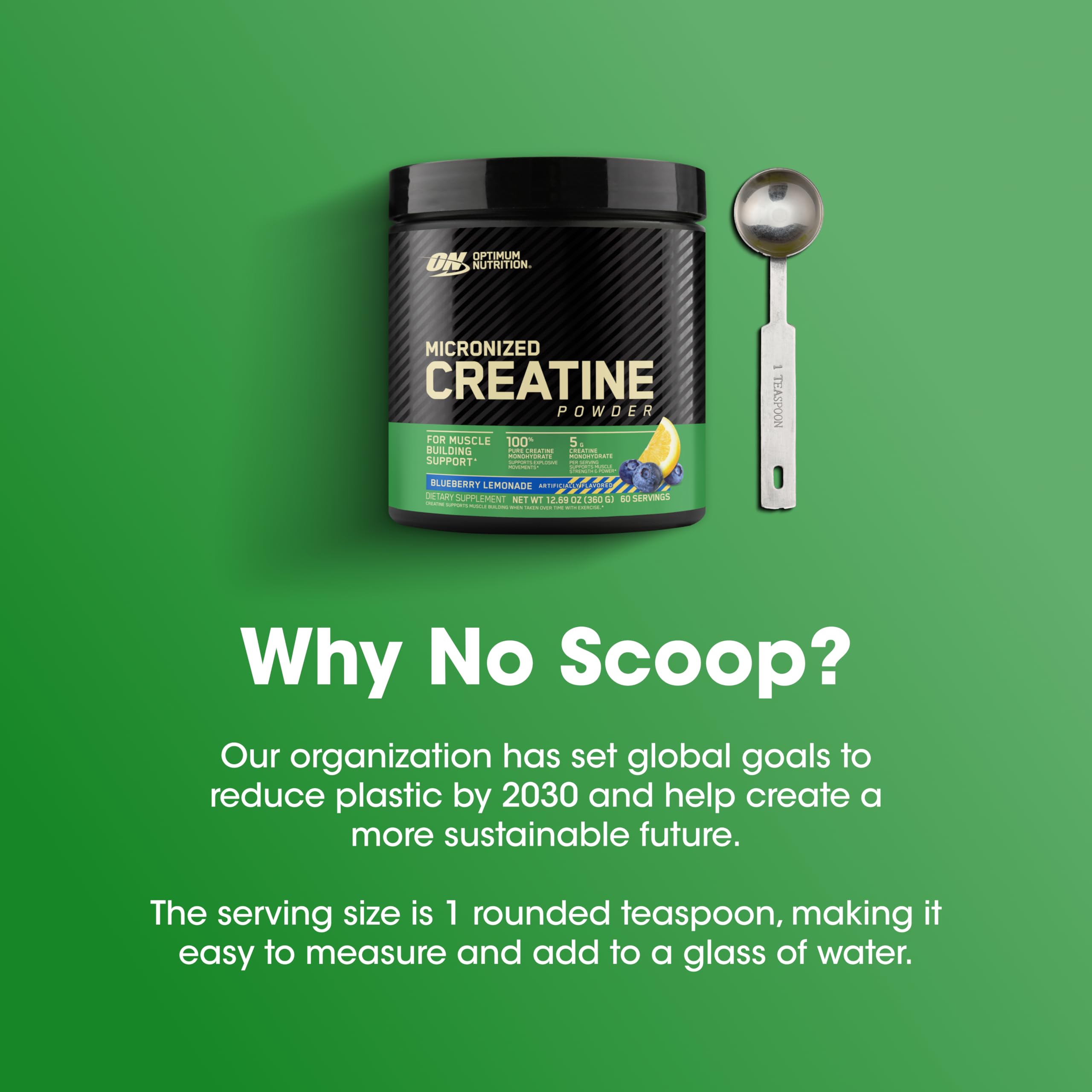 Optimum Nutrition creatine micronized blueberry lemonade packaging on shelf signals trusted brand.