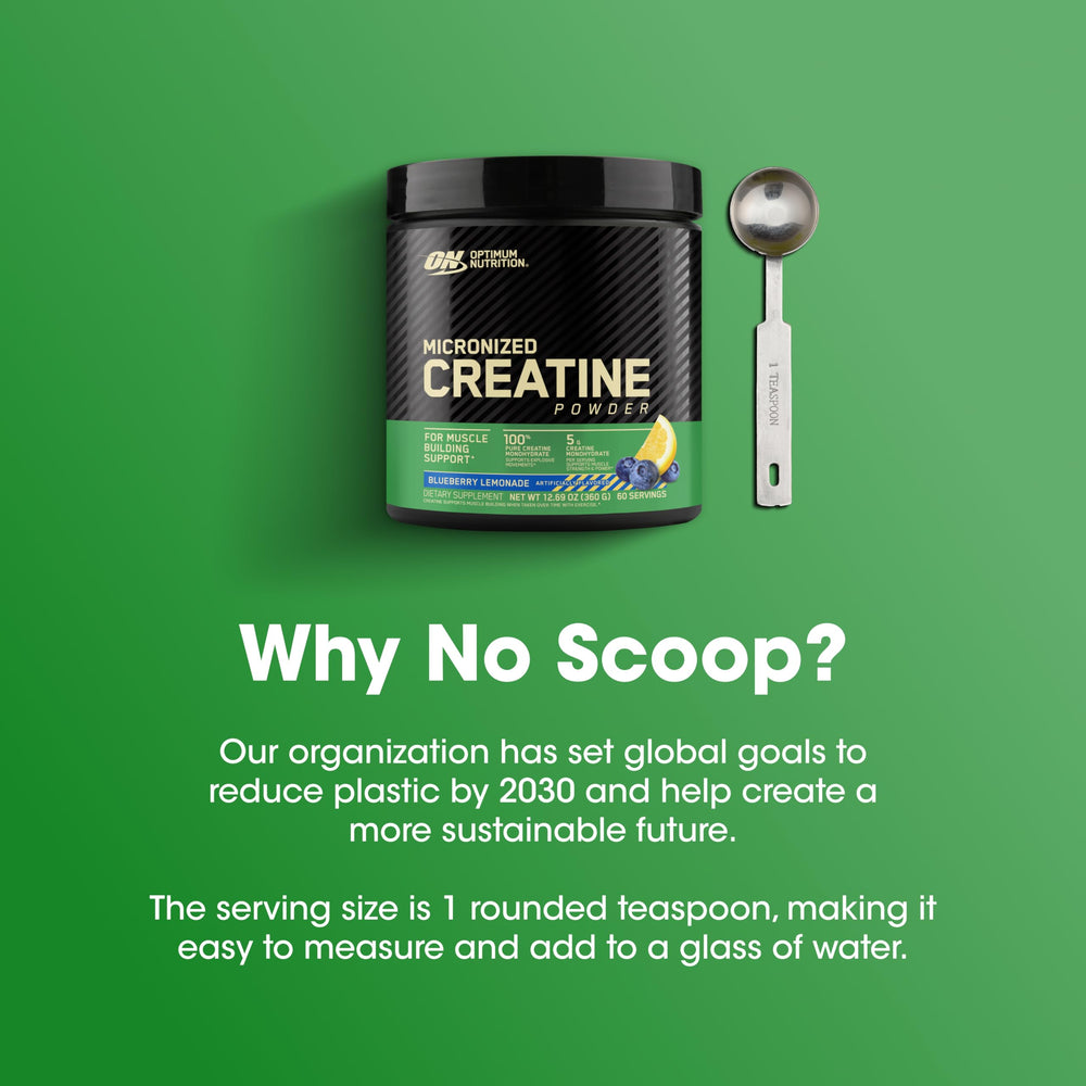 Optimum Nutrition creatine micronized blueberry lemonade packaging on shelf signals trusted brand.