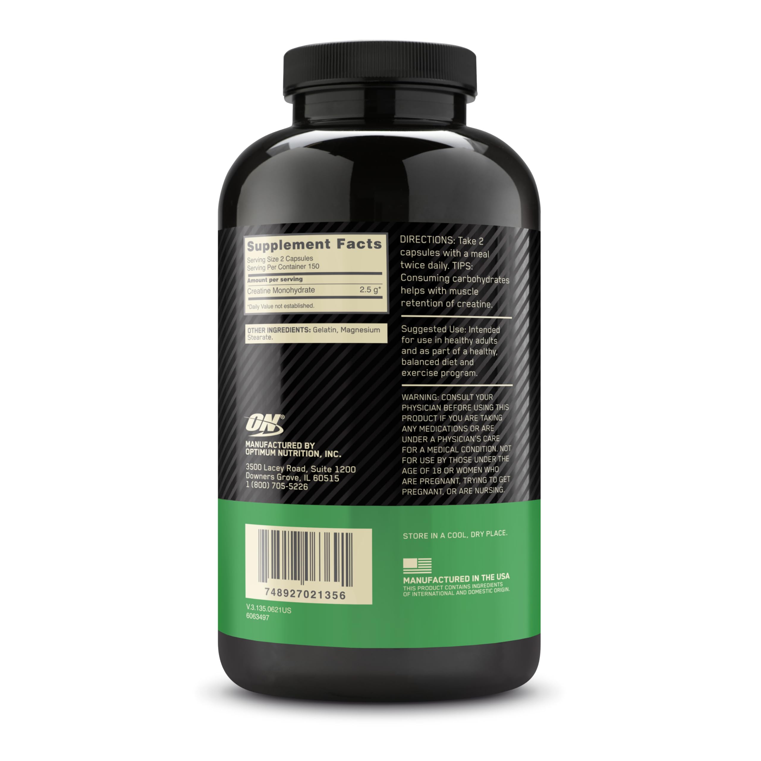 Optimum Nutrition creatine monohydrate capsules in hand imply immediate supplementation.