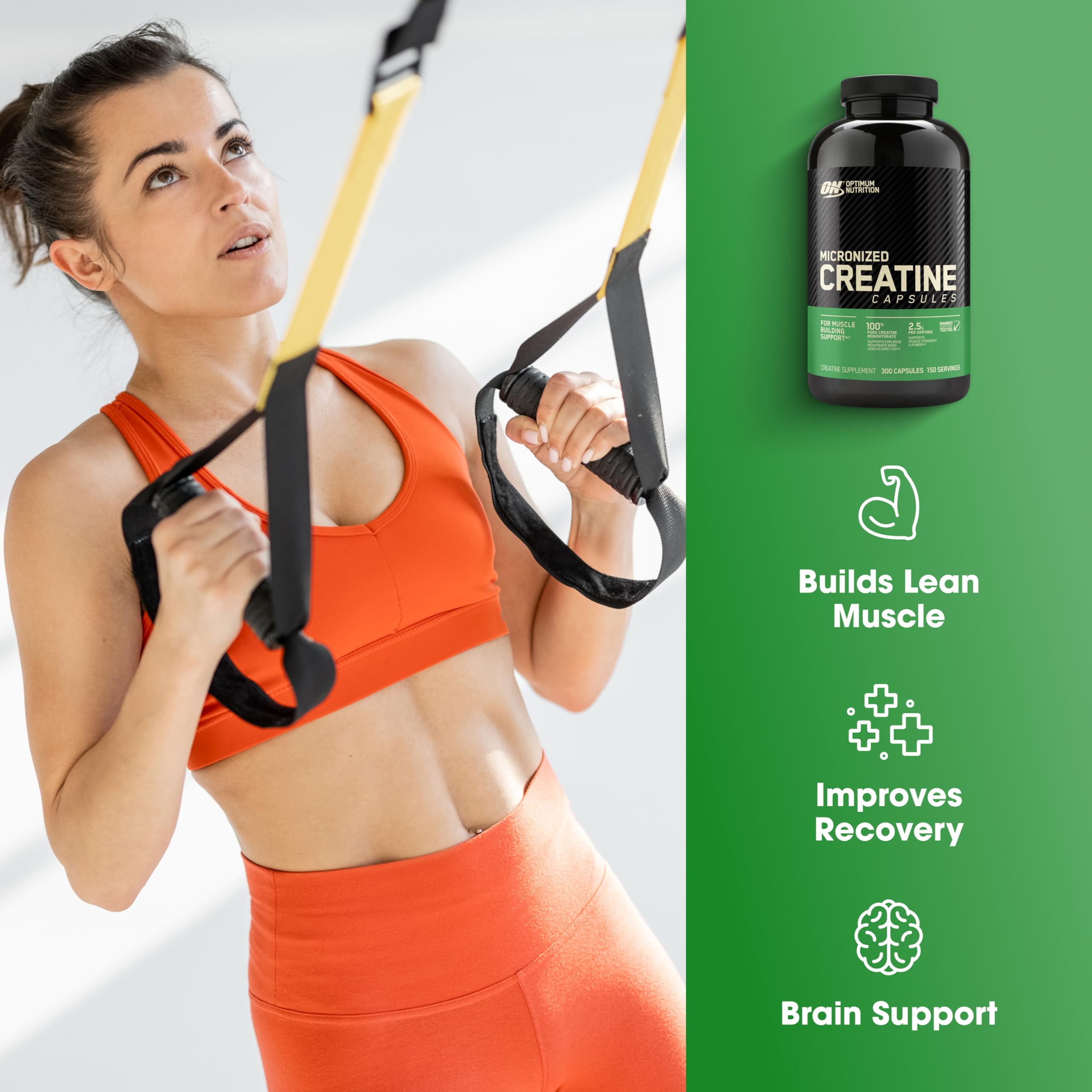 Optimum Nutrition creatine capsules pour-out demonstrates quick, easy intake after workouts.