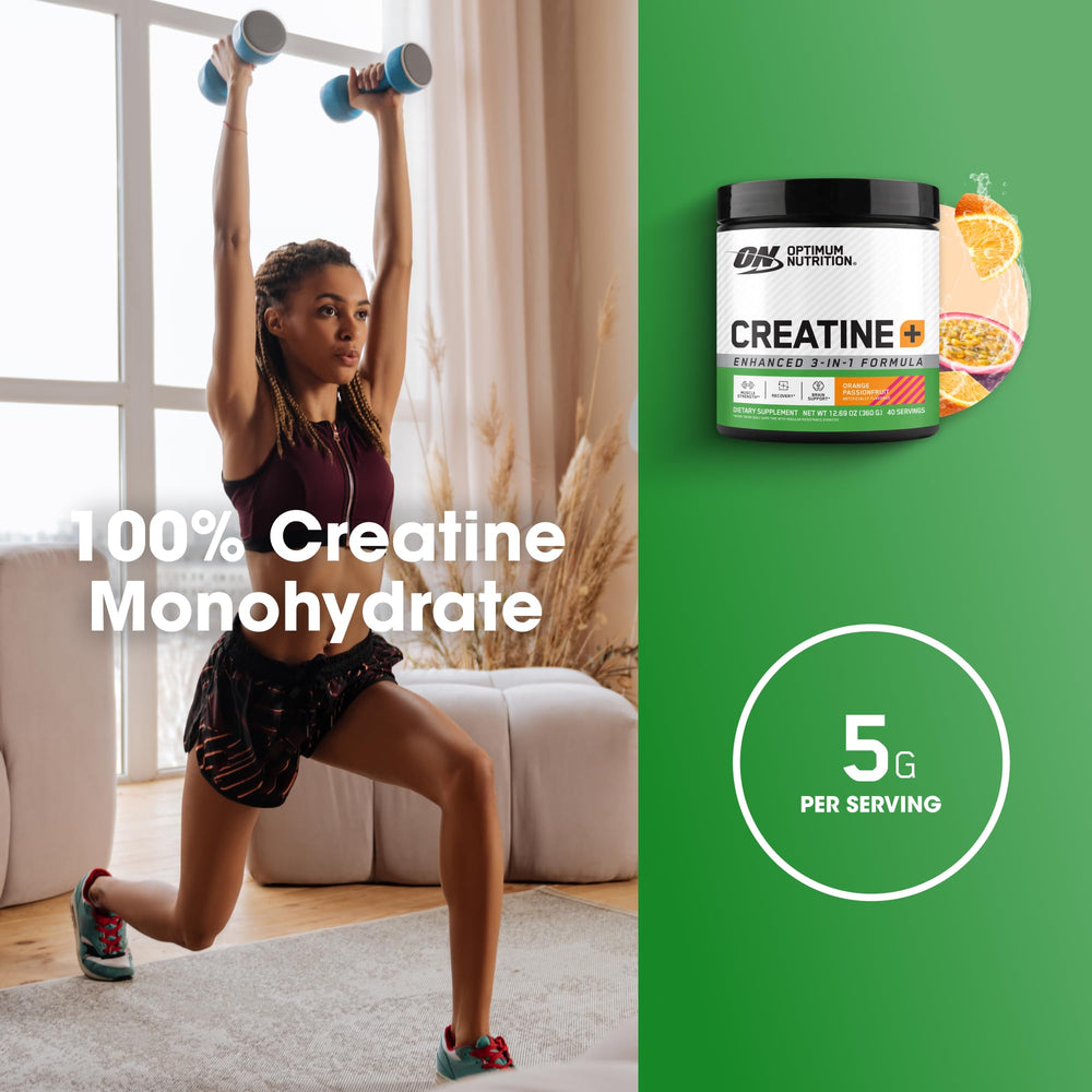 Front label of Optimum Nutrition Creatine Monohydrate Plus highlighting key ingredients