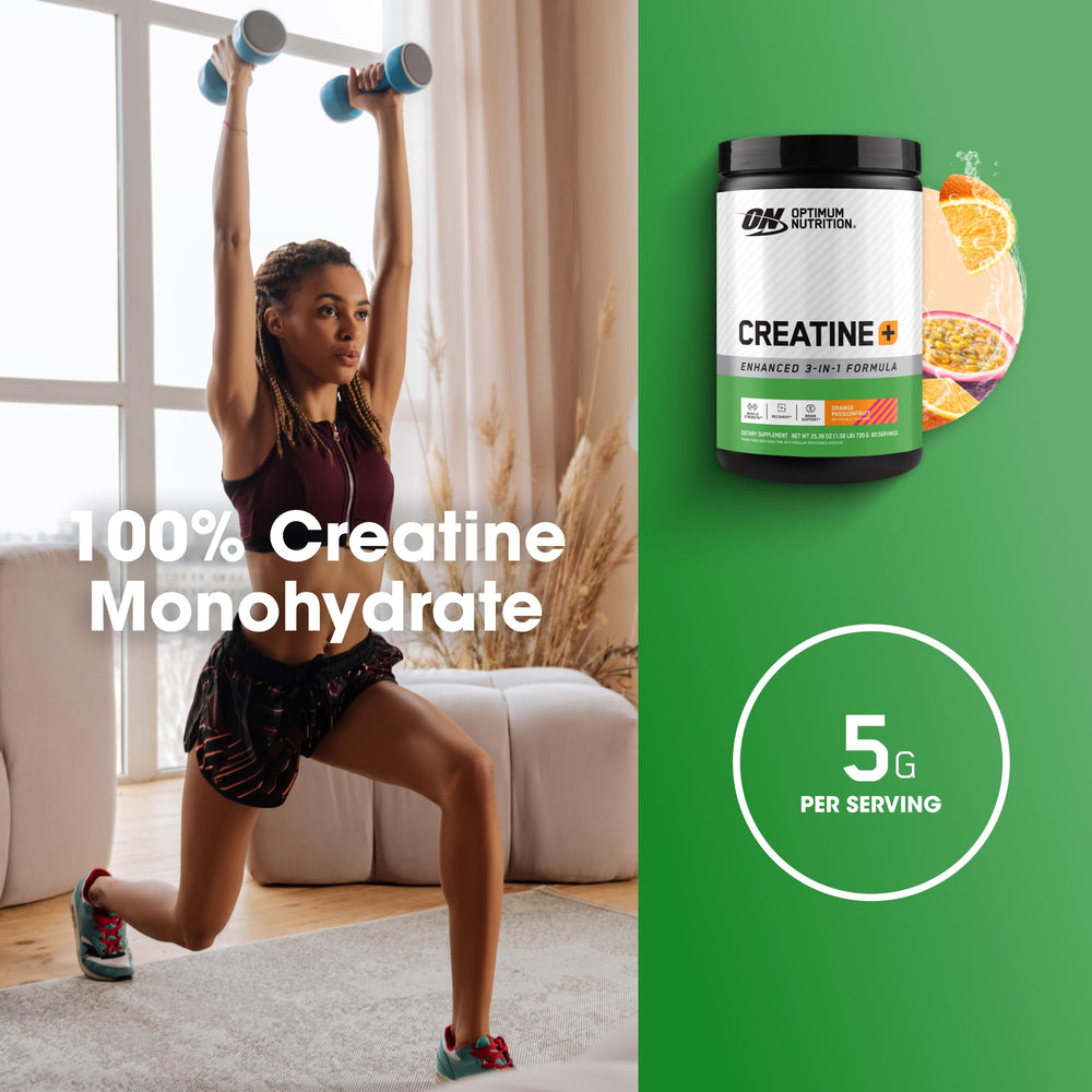 Optimum Nutrition Creatine Monohydrate Plus orange passionfruit powder dissolving in water.