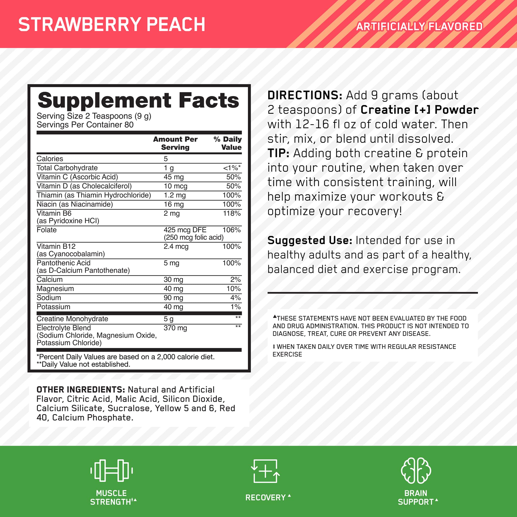 Optimum Nutrition Creatine Monohydrate Plus scoop with strawberry peach powder