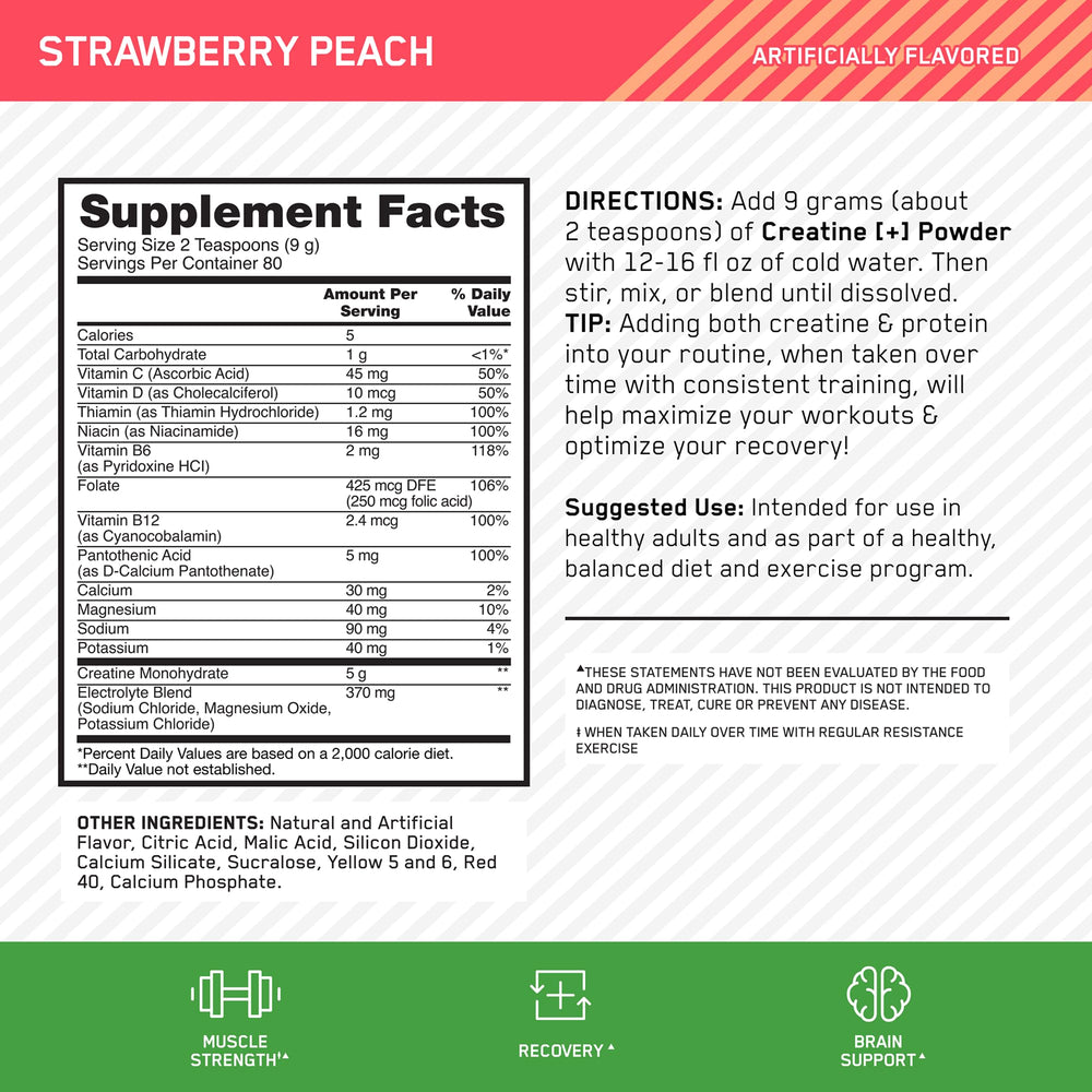 Optimum Nutrition Creatine Monohydrate Plus scoop with strawberry peach powder