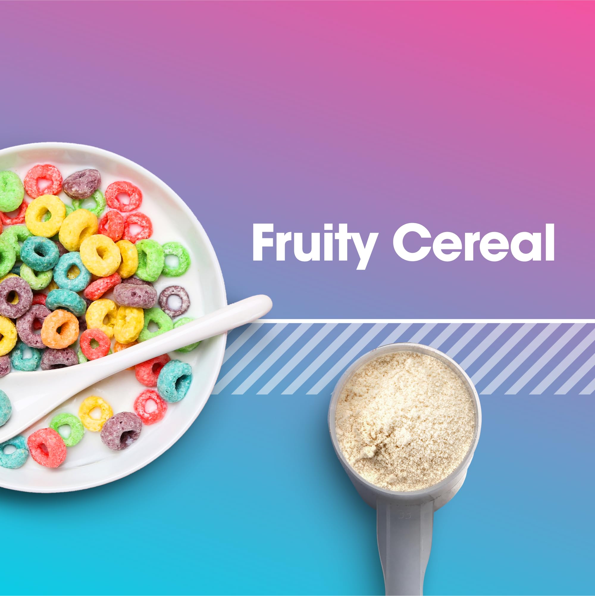 Close-up of the Fruity Cereal label highlighting 24 g protein per scoop
