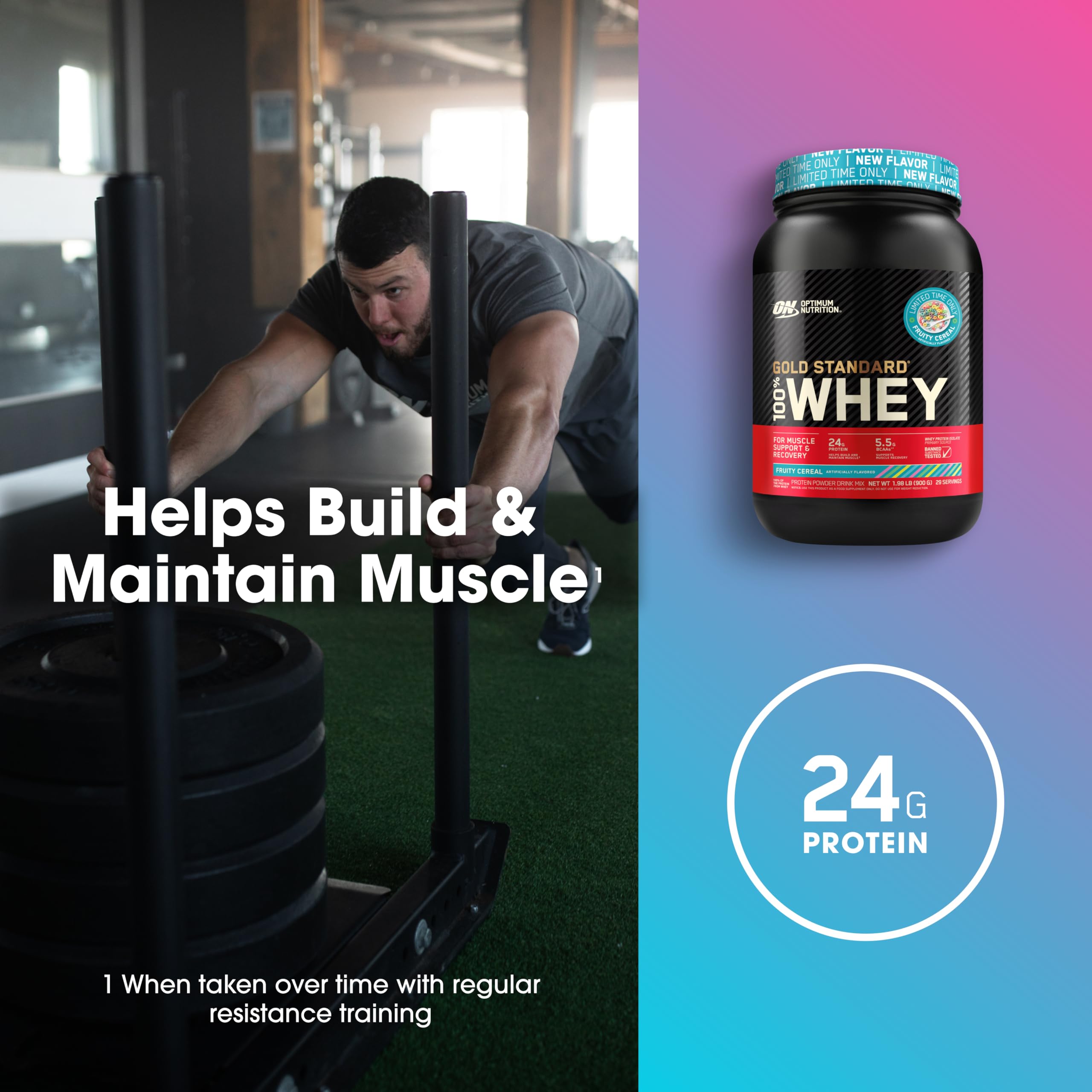 Scoop beside the tub emphasizing convenient daily protein boost