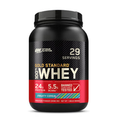 Optimum Nutrition Gold Standard Fruity Cereal whey tub front for post-workout fueling potential