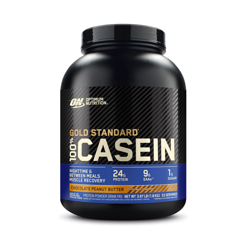 Optimum Nutrition Gold Standard 100% Micellar Casein tub in Chocolate Peanut Butter for overnight recovery
