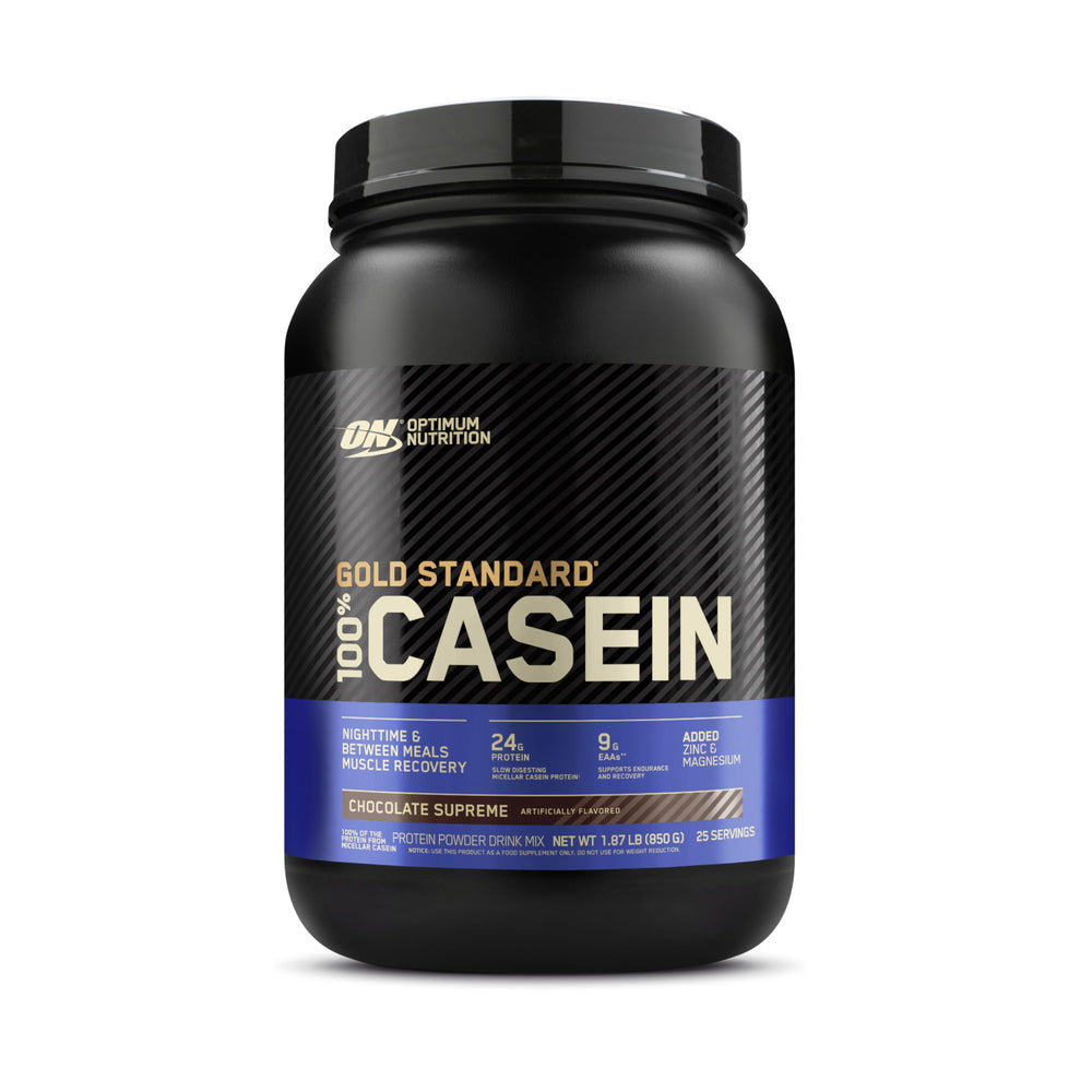 Optimum Nutrition Gold Standard Micellar Casein Chocolate Supreme tub ready for slow-digesting nighttime protein