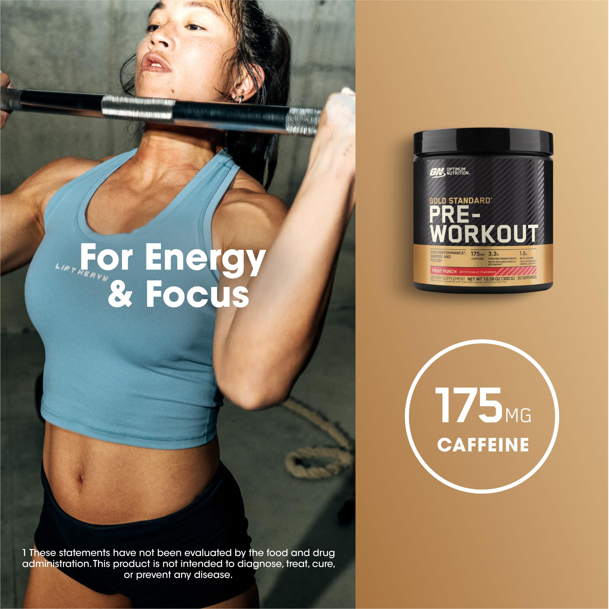 Close-up of Optimum Nutrition Gold Standard Pre-Workout ingredients like creatine and beta-alanine