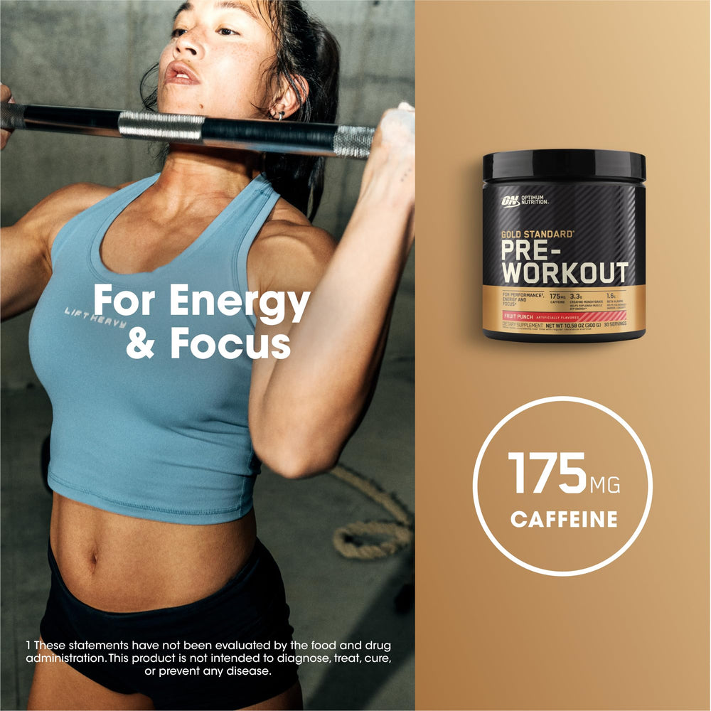 Close-up of Optimum Nutrition Gold Standard Pre-Workout ingredients like creatine and beta-alanine