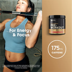 Close-up of Optimum Nutrition Gold Standard Pre-Workout ingredients like creatine and beta-alanine