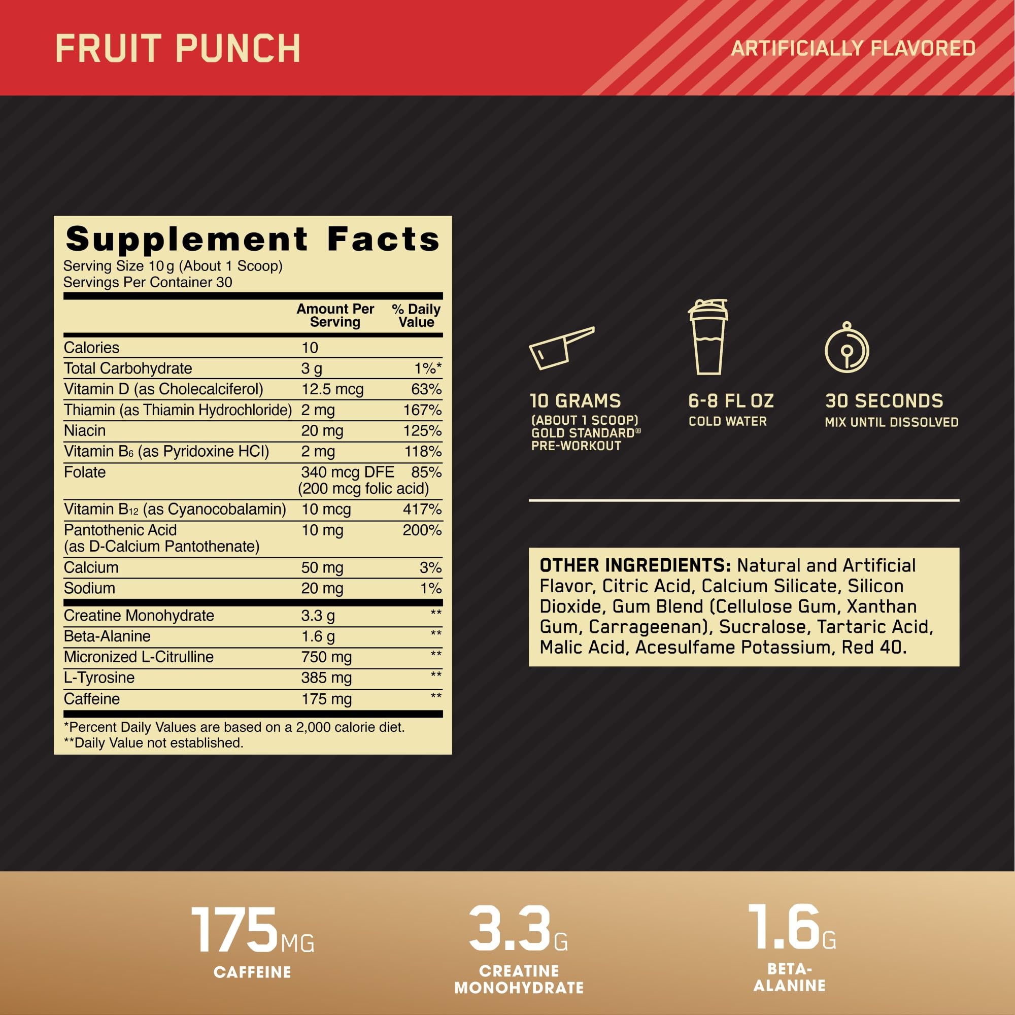 Label on Optimum Nutrition Gold Standard Pre-Workout shows 175 mg caffeine per serving