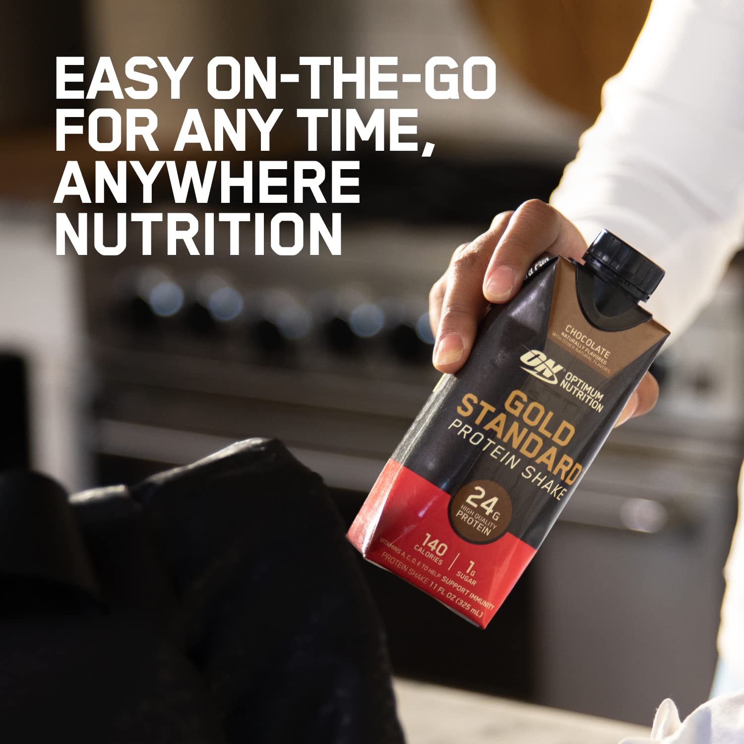 Optimum Nutrition Gold Standard Protein Shake label highlights calcium for teeth and bone support.