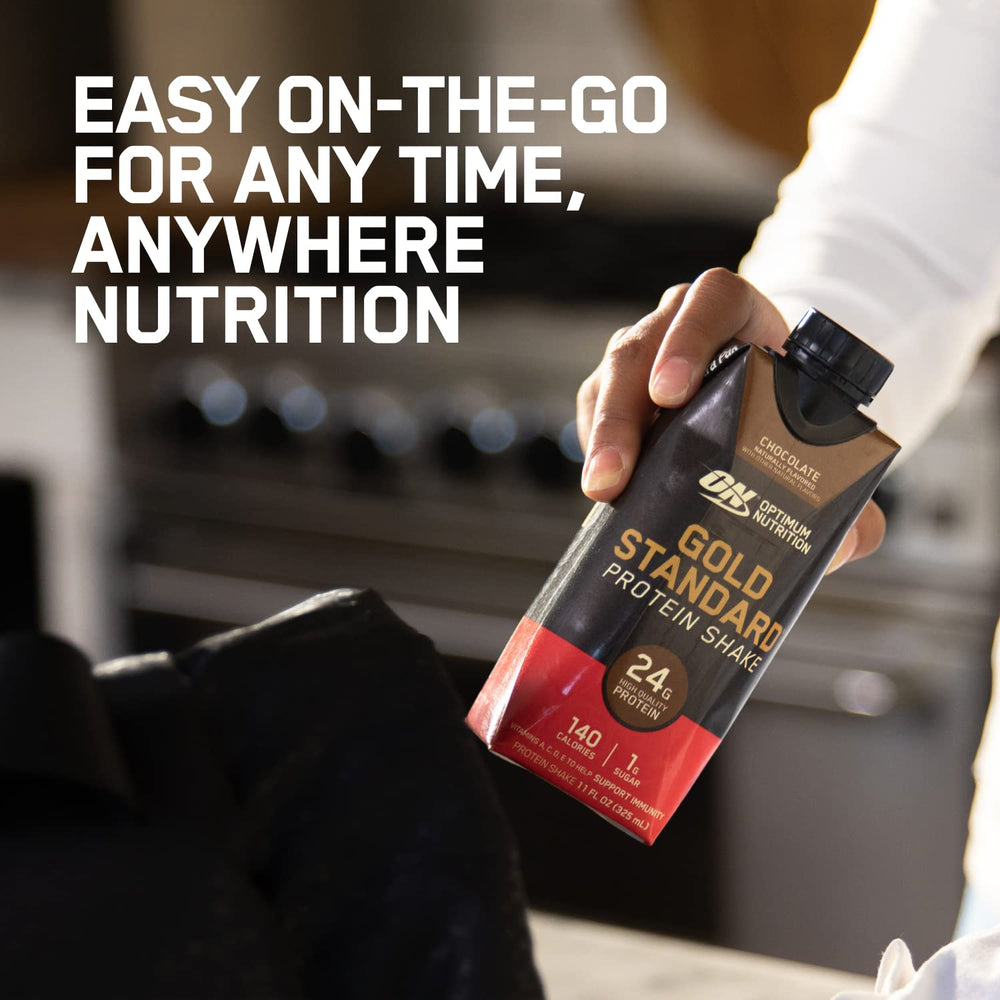 Optimum Nutrition Gold Standard Protein Shake label highlights calcium for teeth and bone support.