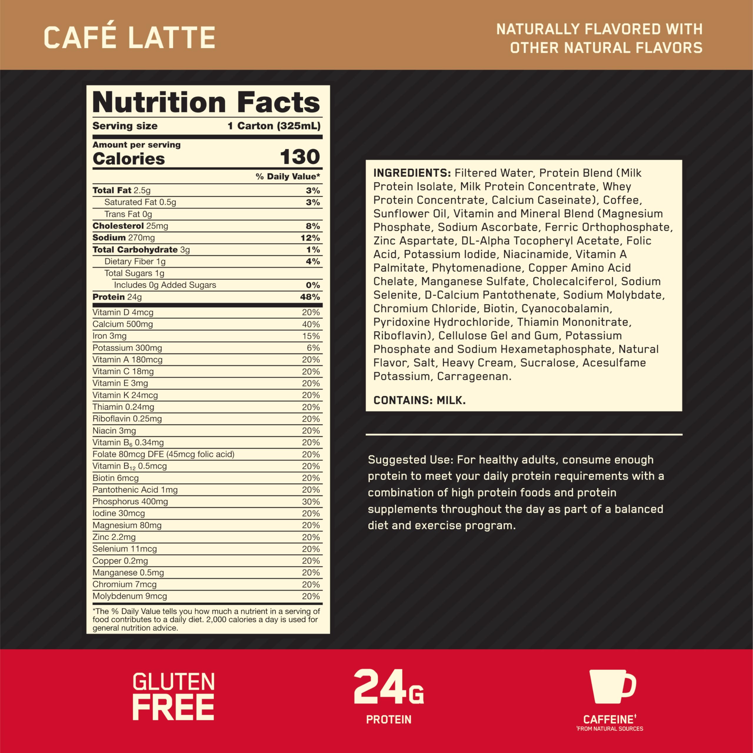 Gold Standard Cafe Latte label showing 24 g protein per bottle.