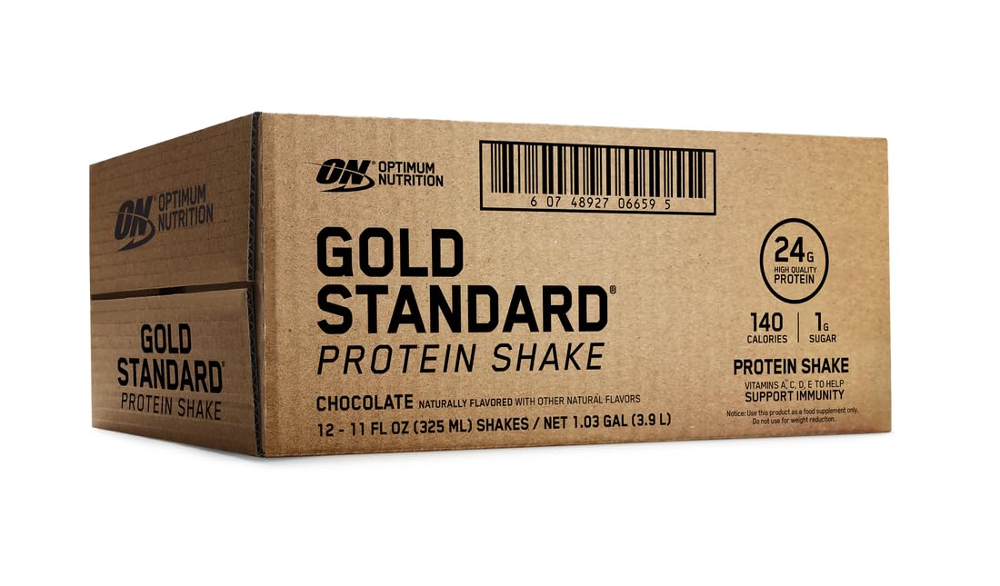 Optimum Nutrition Gold Standard Protein Shake chocolate flavor, travel-friendly packaging.