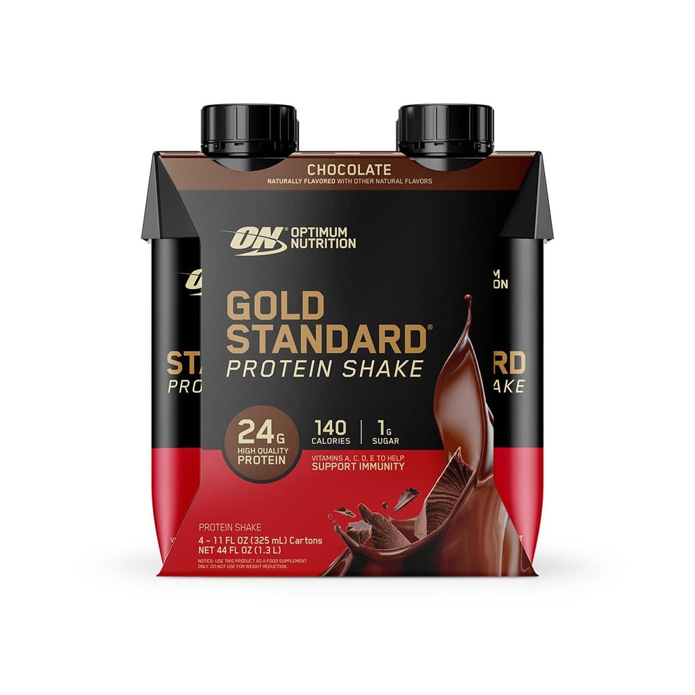 Optimum Nutrition Gold Standard Protein Shake bottle shows 24 vitamins and minerals on the label.