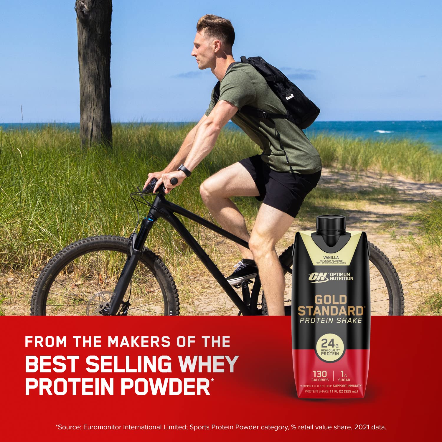 Optimum Nutrition Gold Standard Vanilla bottle with smooth pour texture shown