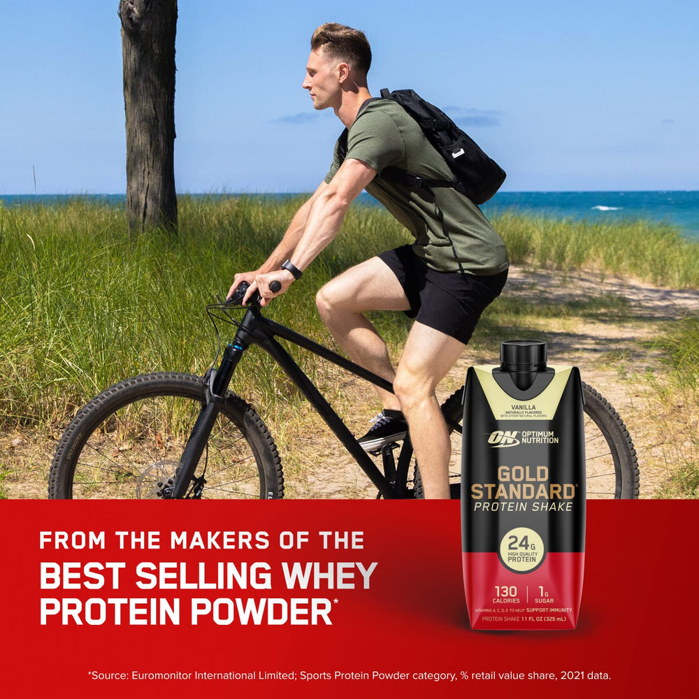Optimum Nutrition Gold Standard Vanilla bottle with smooth pour texture shown