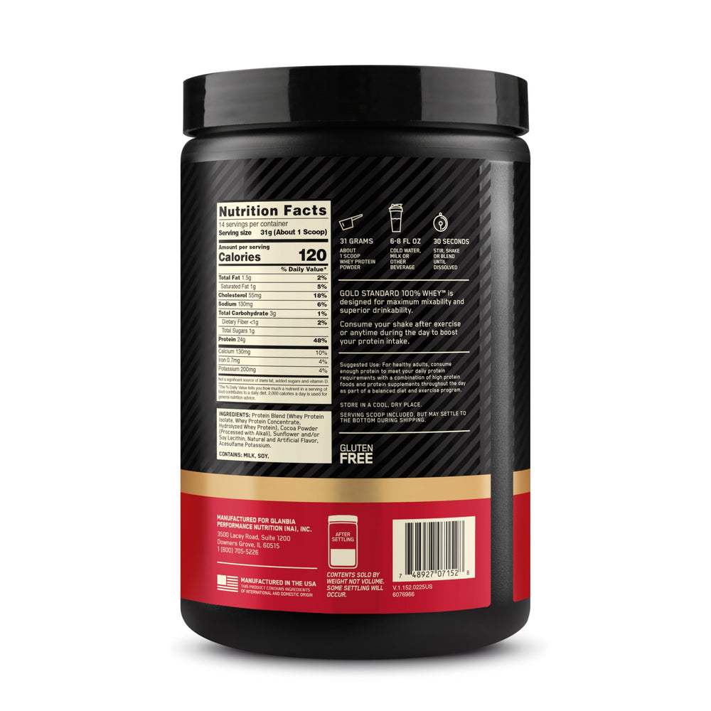 Optimum Nutrition Gold Standard Whey 24 g protein per scoop detail on packaging.