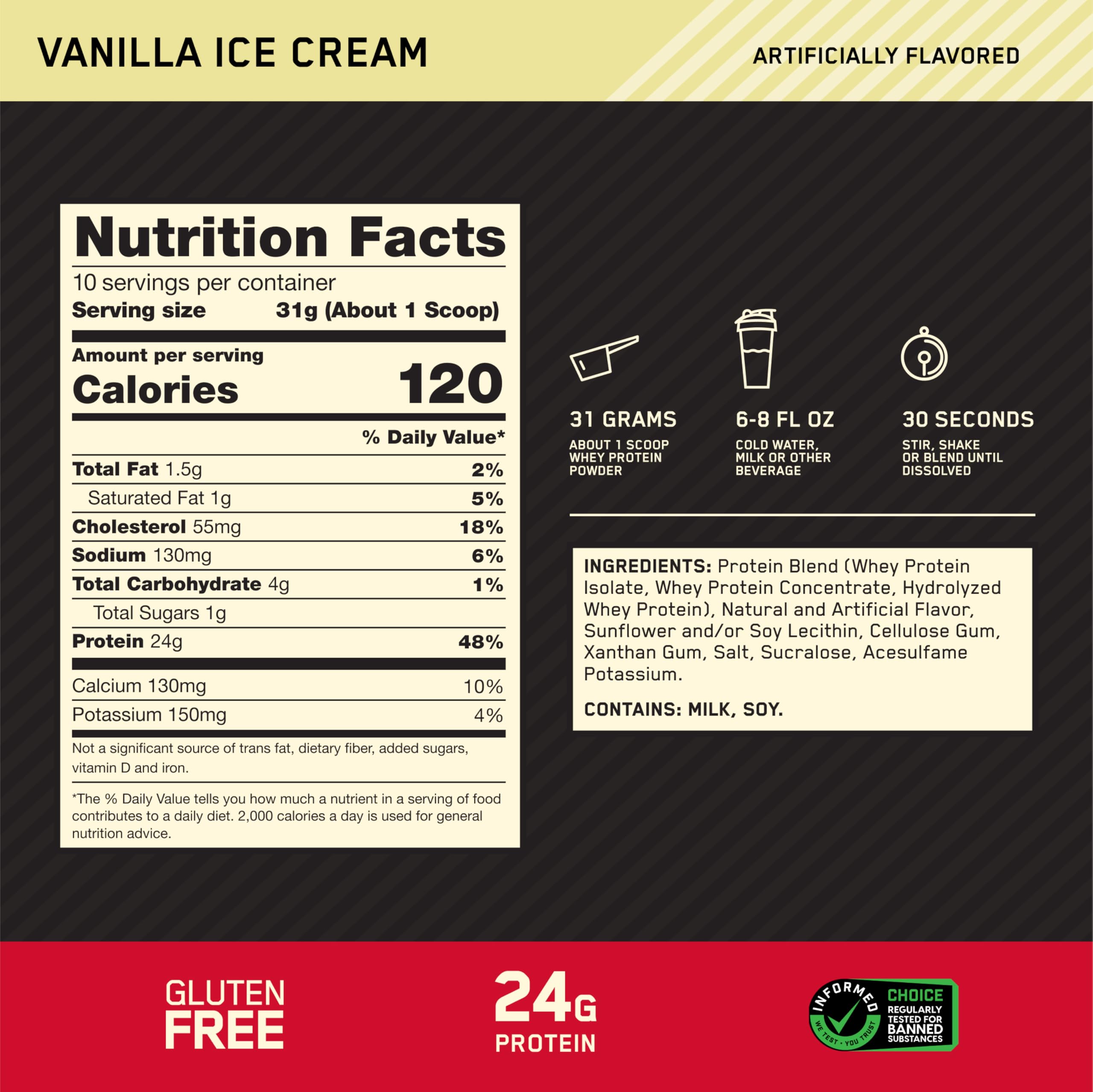 Bottle pour of Optimum Nutrition Gold Standard Whey with clean serving