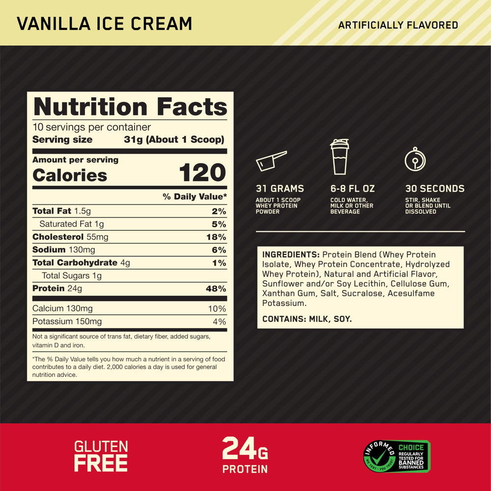 Bottle pour of Optimum Nutrition Gold Standard Whey with clean serving
