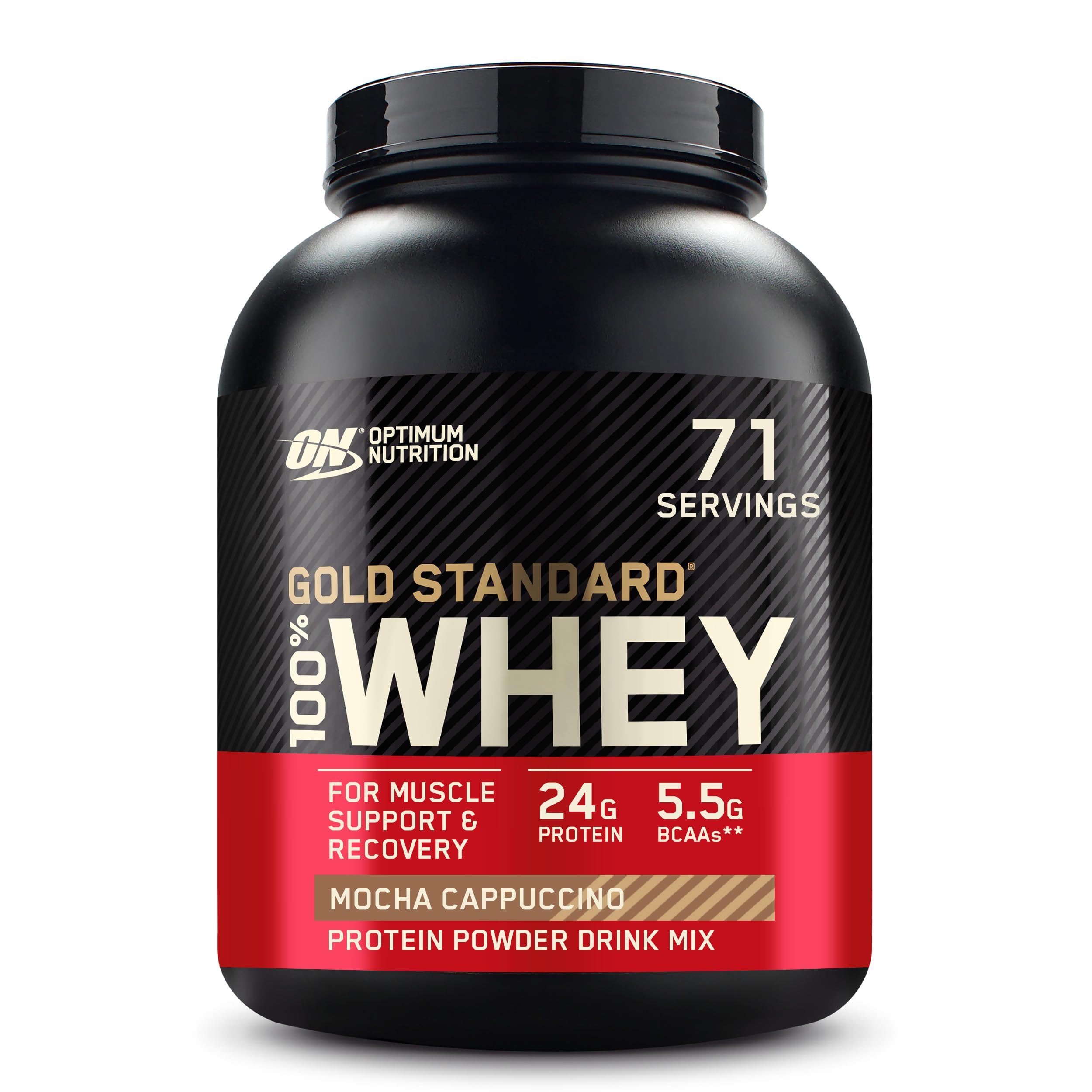 Optimum Nutrition Gold Standard whey bottle, protein support for post-workout recovery.