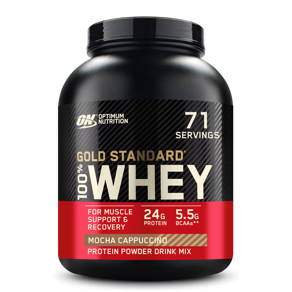 Optimum Nutrition Gold Standard whey bottle, protein support for post-workout recovery.