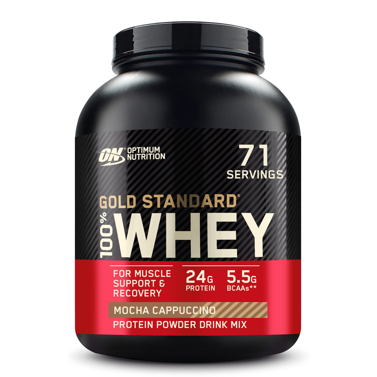 Optimum Nutrition Gold Standard whey bottle, protein support for post-workout recovery.