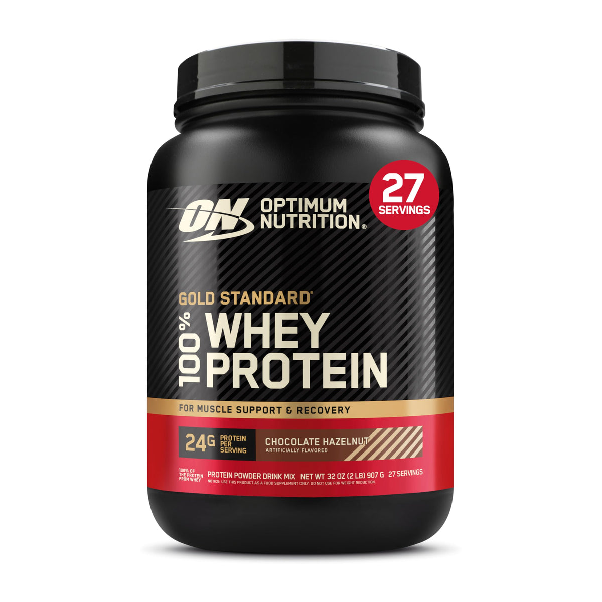 Optimum Nutrition Gold Standard Whey Chocolate Hazelnut tub with secure lid for reliable protein.