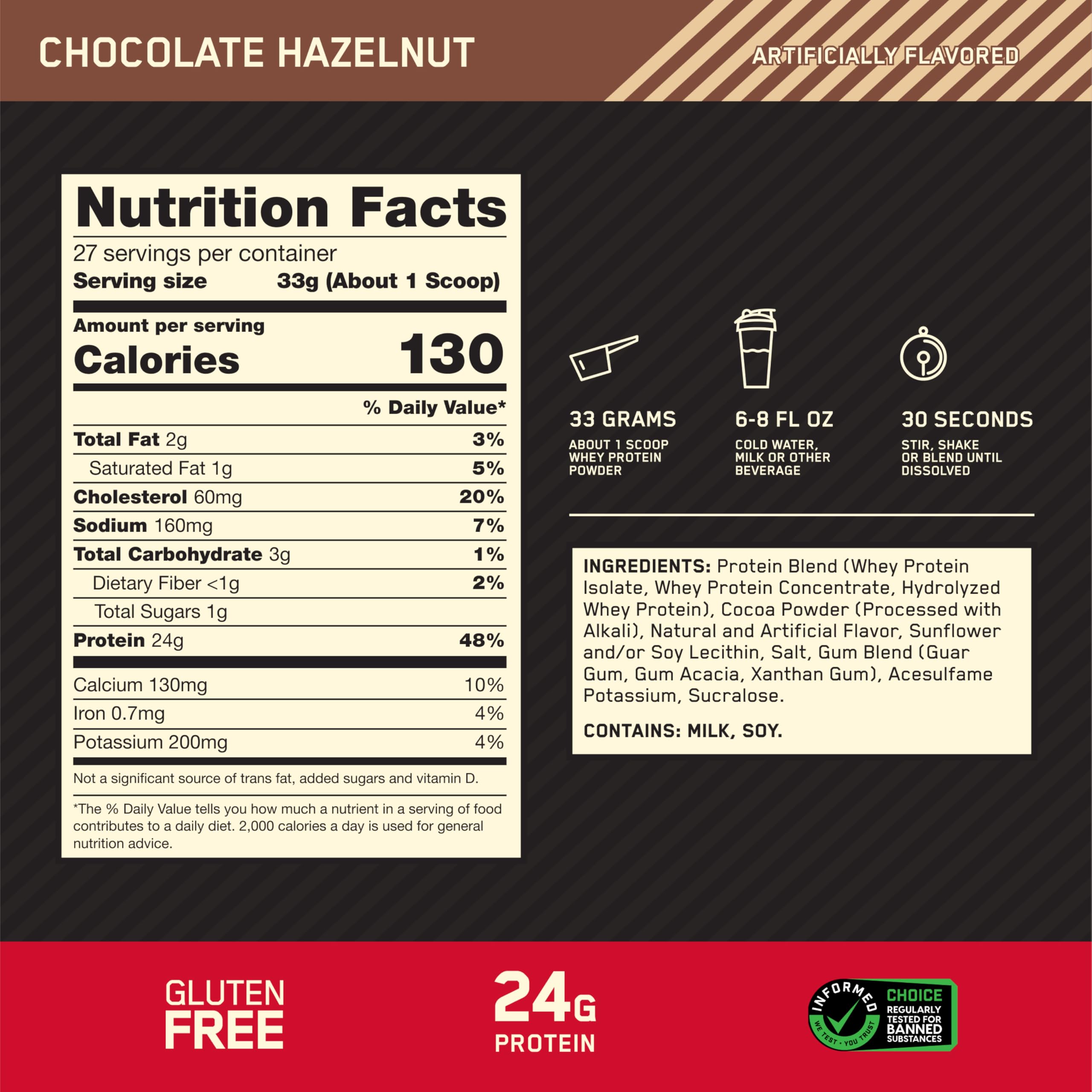 Scoop of Gold Standard Whey Chocolate Hazelnut for quick post-workout protein.