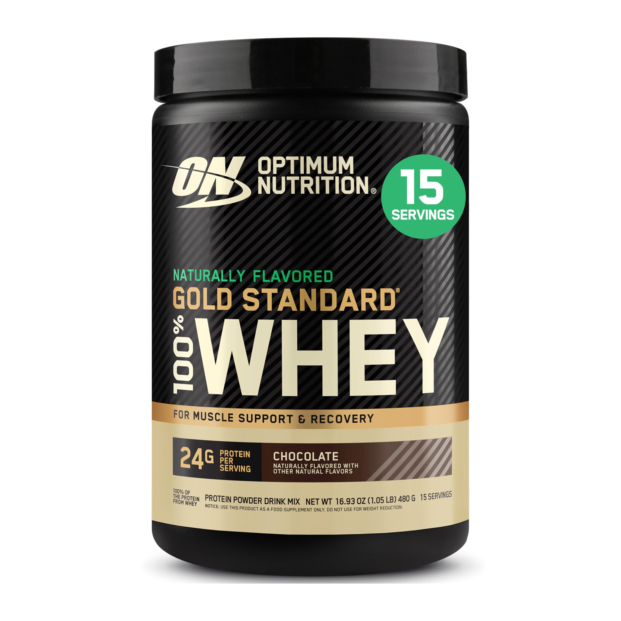 Optimum Nutrition Gold Standard whey chocolate powder tub for quick post-workout protein